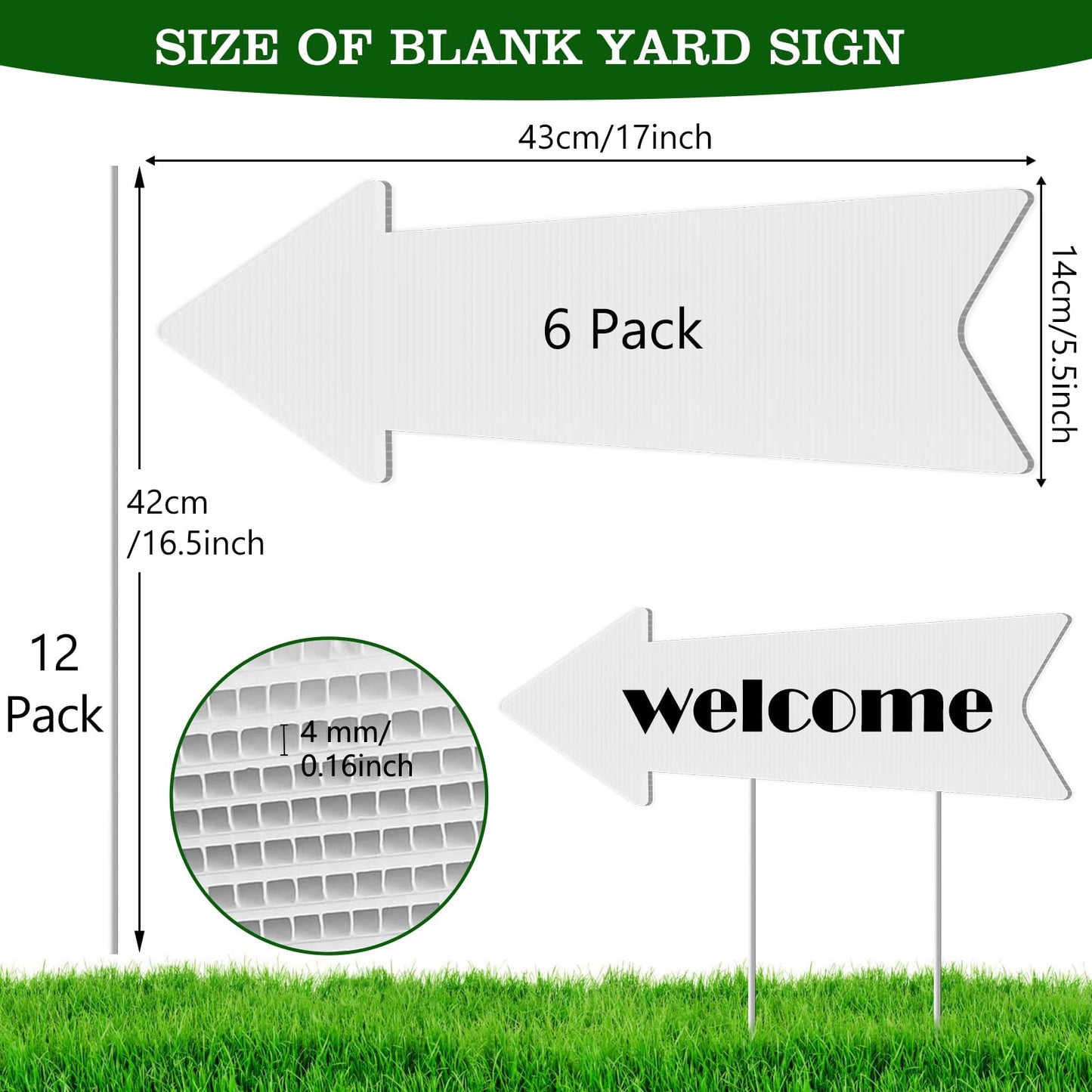 Directional Arrow Signs with Stakes, Remiawy 6 Pack Blank Yard Signs 17 x 6 Inches Custom Plastic Parking Signs with Arrow Outdoor for Wedding Decorations, Birthday Party, Estate Sale, Lawn Guidepost