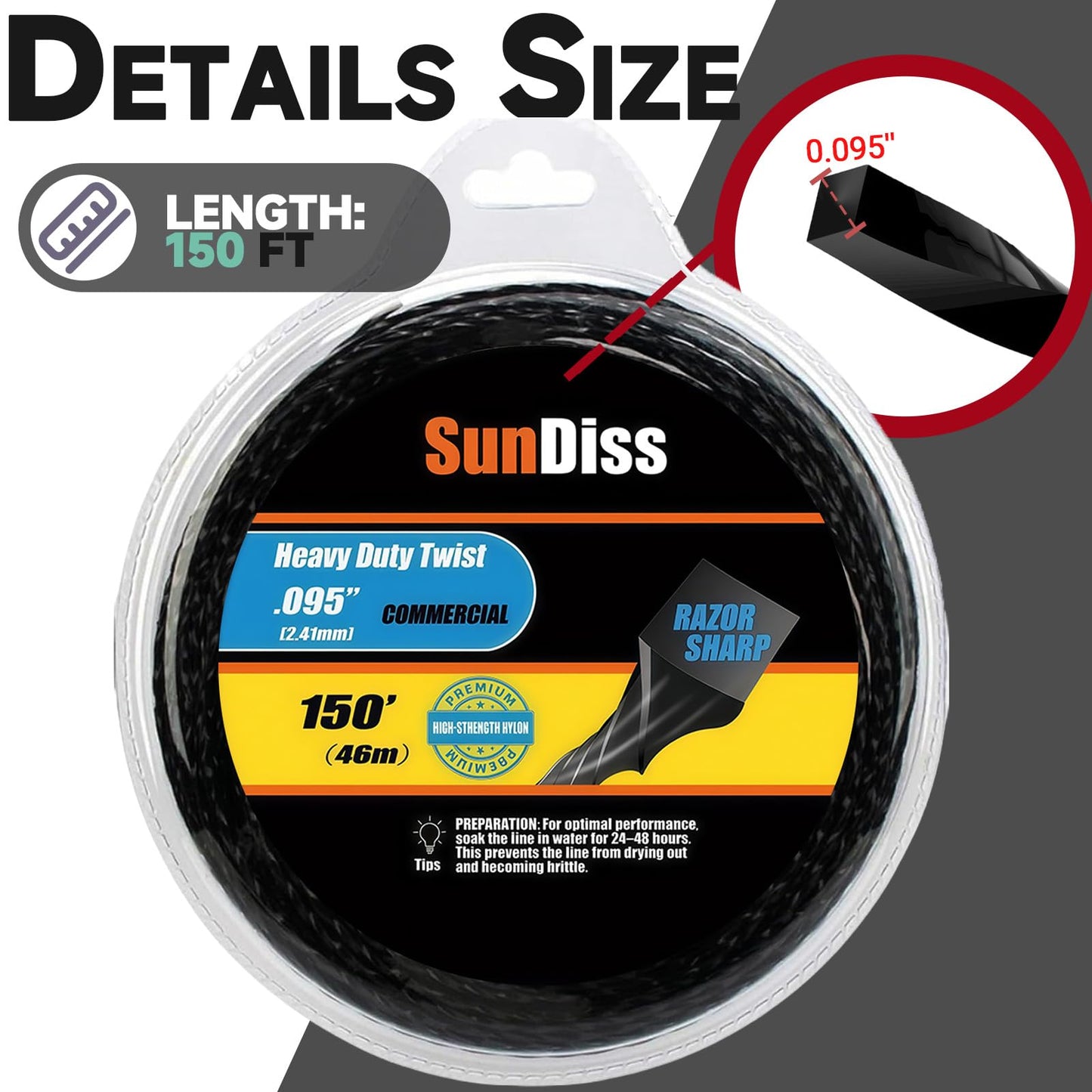 SunDiss 150ft 0.095" Trimmer Line Cutting String Replacement for Echo Black Diamond Trimmer Line 330095073/330095071, Fits for Medium to Heavy Grass and Weeds, with Built-in Line Cutter (150ft 0.095)