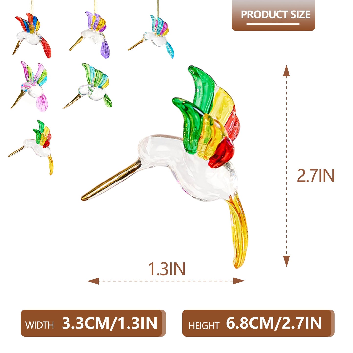 6Pcs Hand Blown Glass Hummingbird 1.3''*2.7'' Small Hanging Ornaments Crystal Humming Bird Figurines Collectible Decor for Home