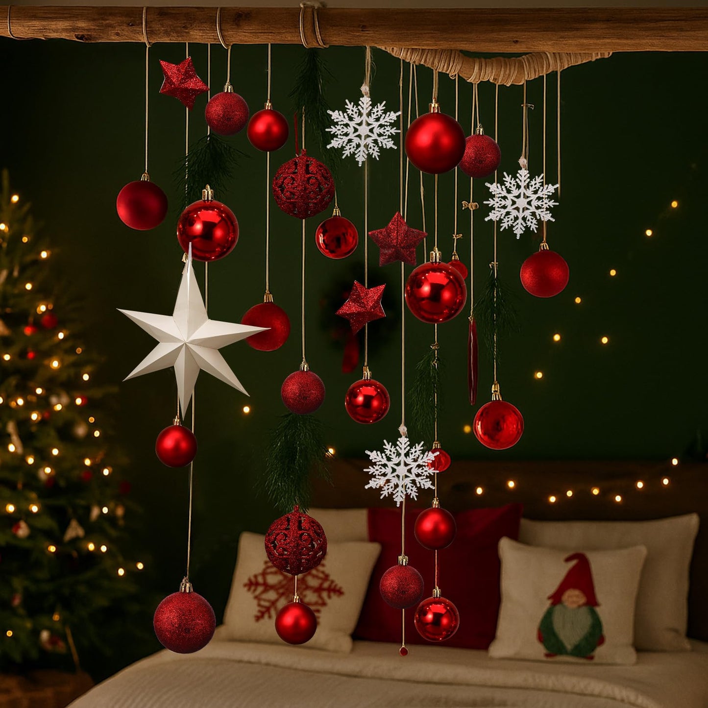 Halloscume Christmas Wall Hanging Decor with Light Wooden Branch Christmas Door Hanging Decorations Xmas Wall Art with Artificial Plants Red Ornament for Winter Holiday Kitchen Dining Room Decor