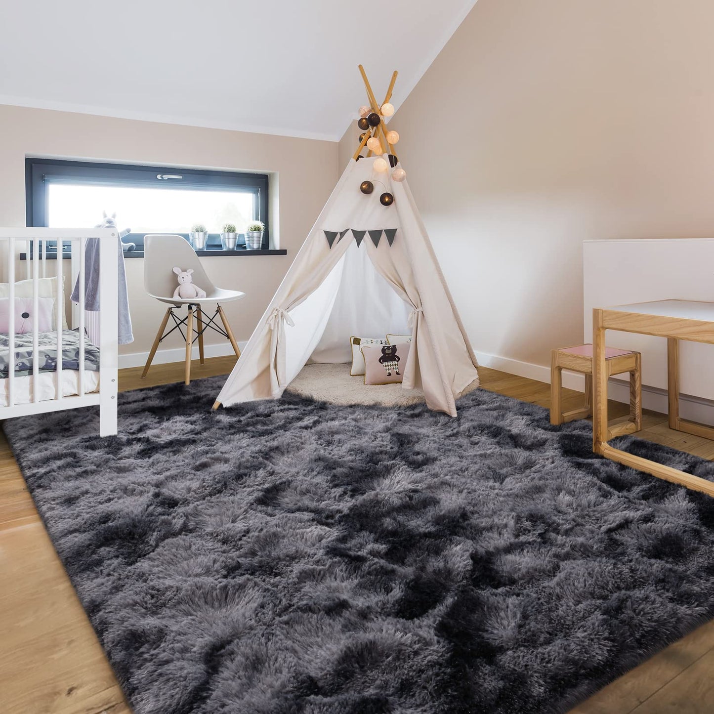Hutha 5x8 Large Area Rugs for Living Room, Super Soft Fluffy Modern Bedroom Rug, Tie-Dyed Dark Grey Indoor Shag Fuzzy Carpets for Girls Kids Nursery Room Home Decor