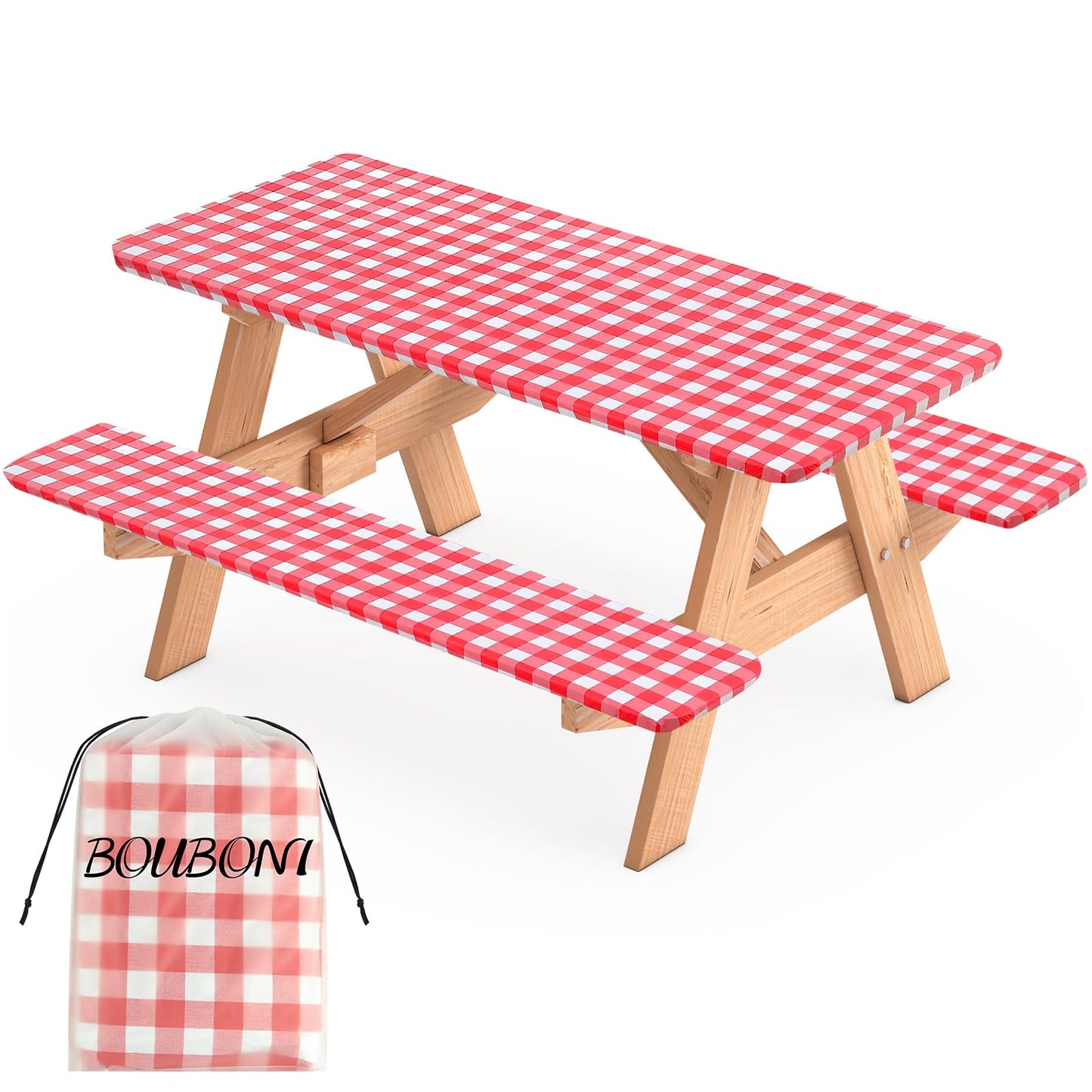 BOUBONI 3 Pcs Set Fitted Picnic Table Cover with Bench Covers Vinyl Camping Table Cloth Flannel Backing for 6ft Tables Camping Outdoor (Red Checked, 30 x 72 Inches)
