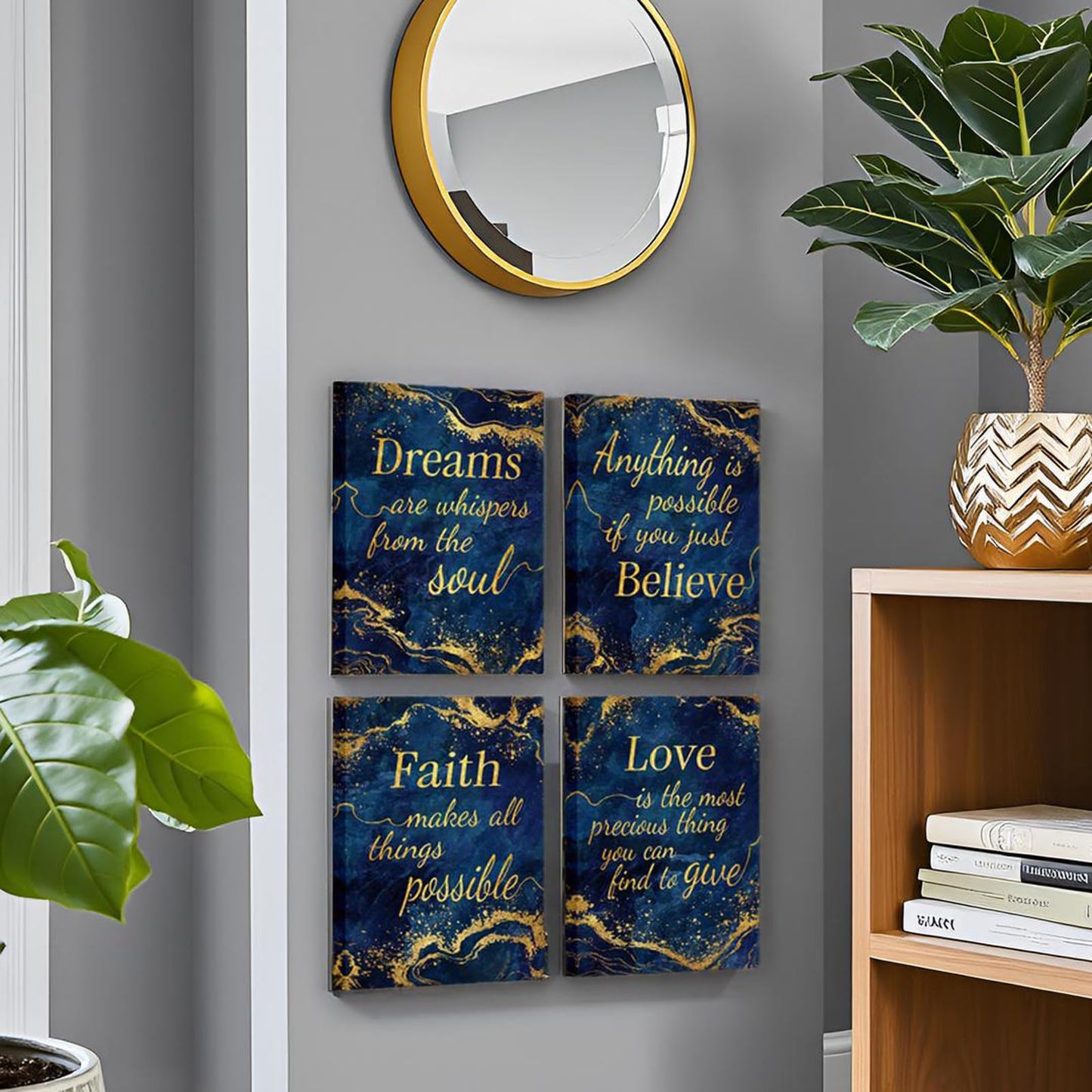 LevvArts Inspirational Wall Art Love Faith Believe Dream Wall Decor Motivaional Encouraging Canvas Prints Blue and Gold Pictures Decoration (Blue)