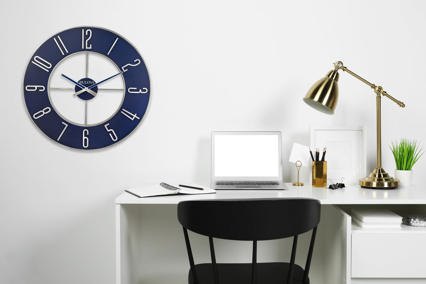 Bulova Blue Steel Oversize Wall Clock |Model C4809, 27" Diameter | Sleek Silver and Blue Finish | Contemporary Design | Battery Operated