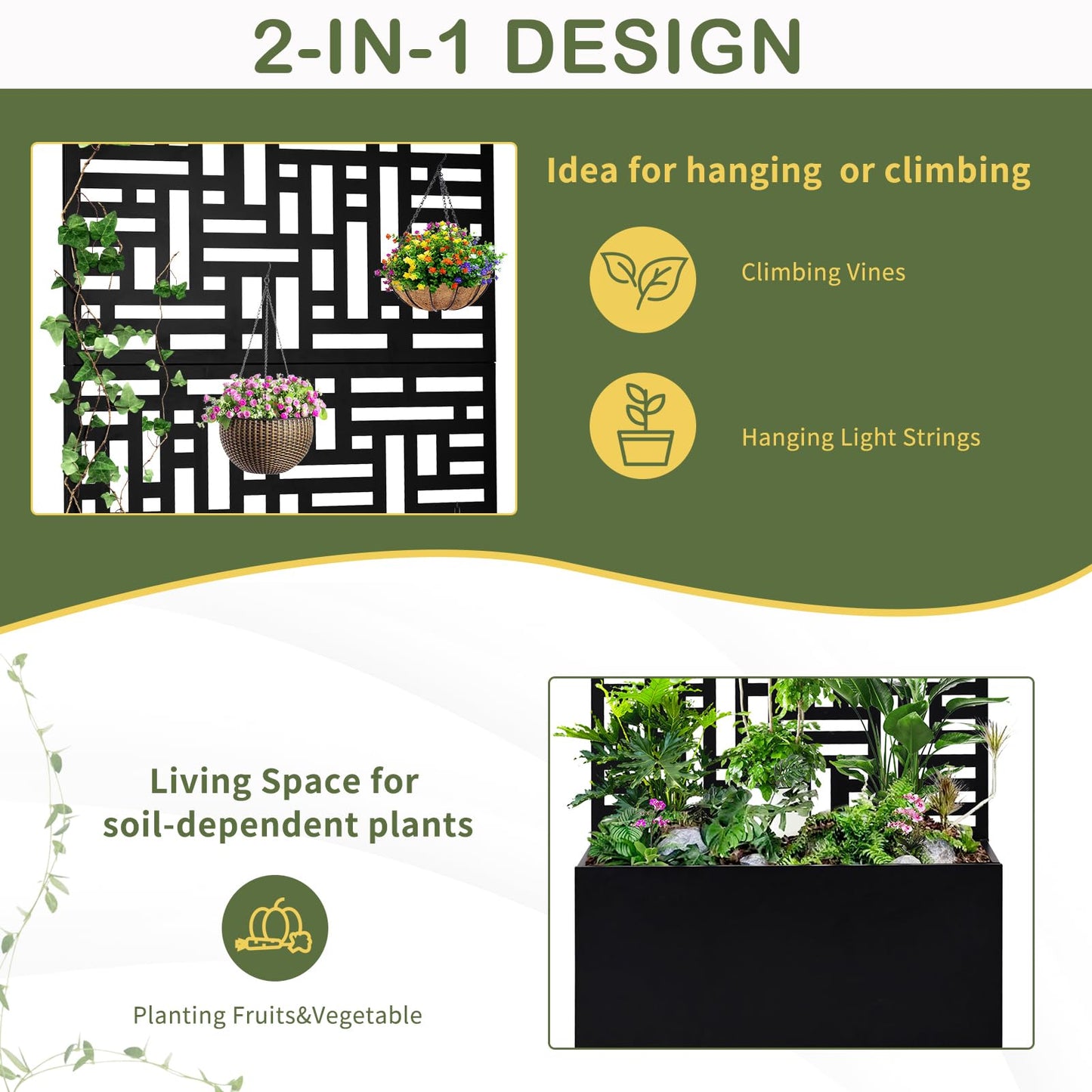 Outvita Metal Planter Box with Trellis, 71’’ x 36’’ x 16’’ Raised Garden Bed with Drainage Holes for Climbing Plants, Vegetables, Vines, Privacy Planters for Patio (Black)