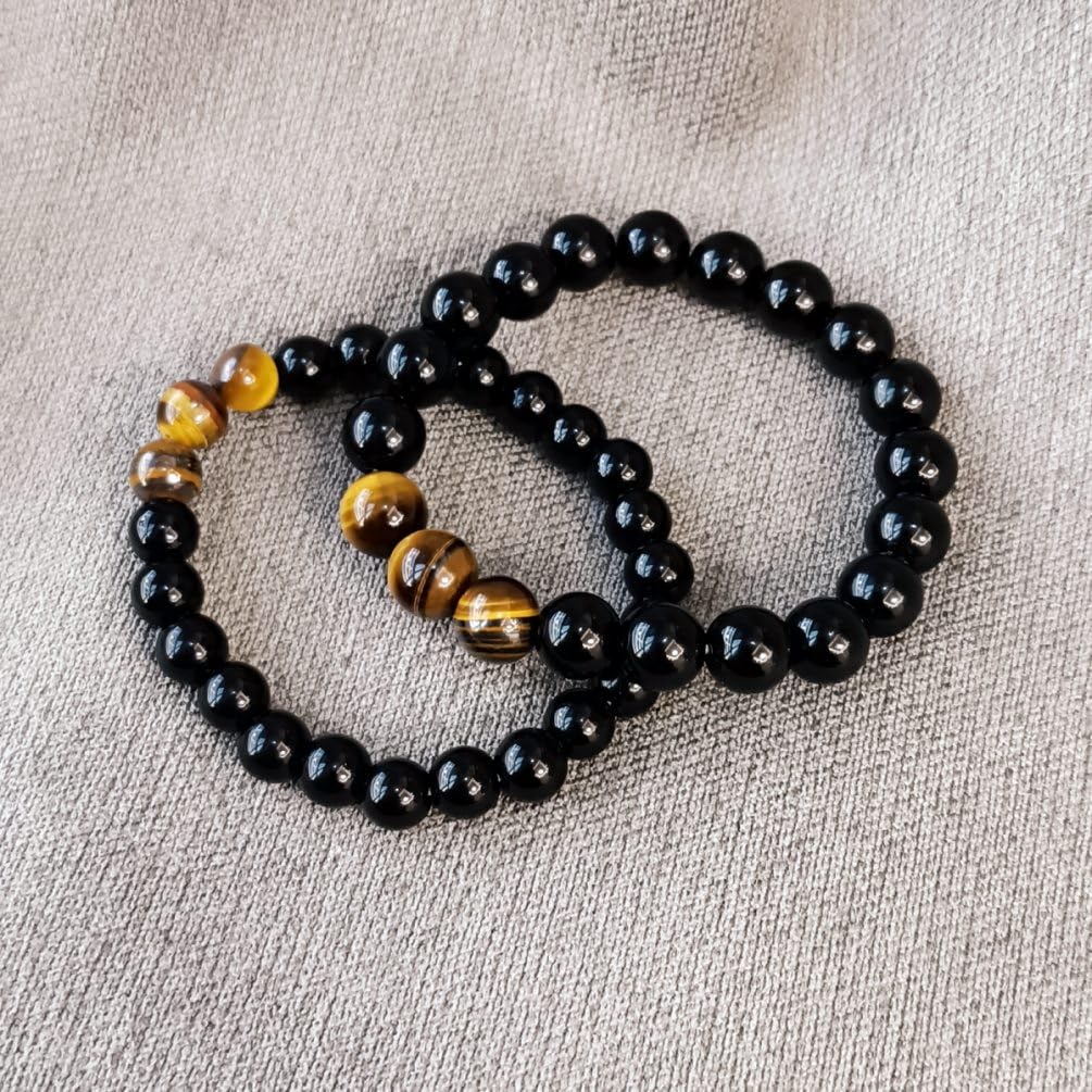 WEFRIN Triple Protection Bracelet for Bring Luck and Prosperity Hematite Black Obsidian Tiger Eye Stone Bracelets for Men Women, Beaded Buddha Healing Rope Uni Bracelet (2pcs) (J)