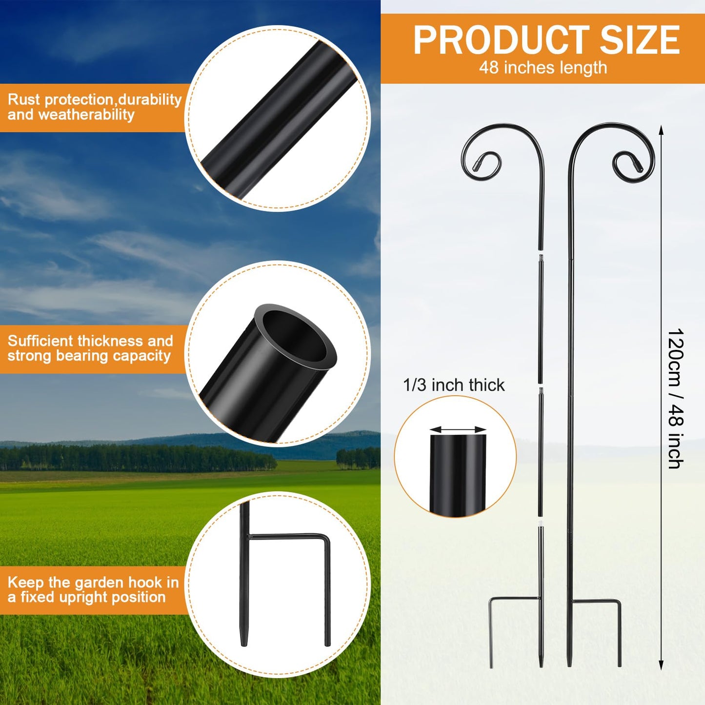 Hicarer 6 Pcs 48 Inch Shepherds Hooks for Outdoor 1/3 Inch Thick Metal Curled Garden Hooks Adjustable Bird Feeder Pole for Hanging Lanterns Plant Baskets Mason Jars Solar Lights Wedding Decor