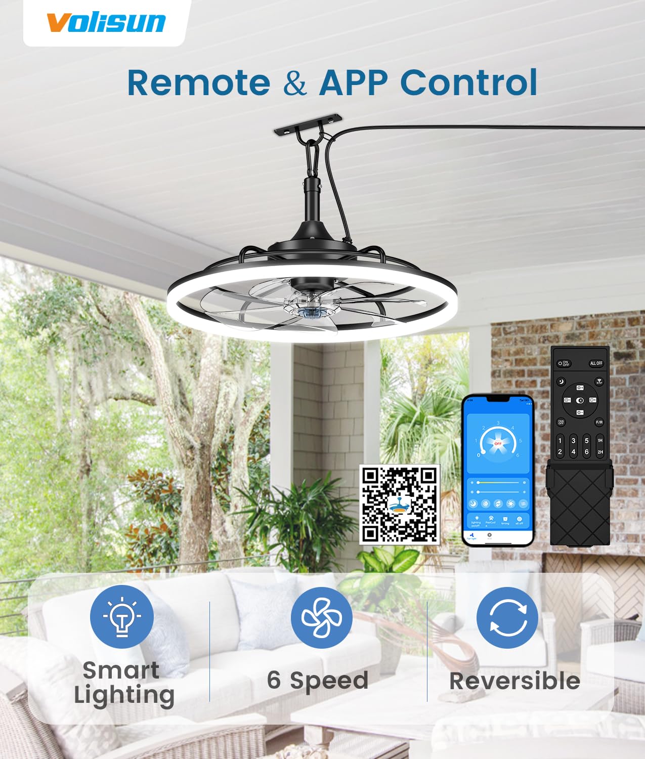 VOLISUN Outdoor Ceiling Fans with Light for Patios, 23.6in Weatherproof Plug in Ceiling Fan, 3000K-6500K Dimmable Gazebo Fan Remote&APP Control, Black Caged Ceiling Fan for Porch, Pergola,Canopy