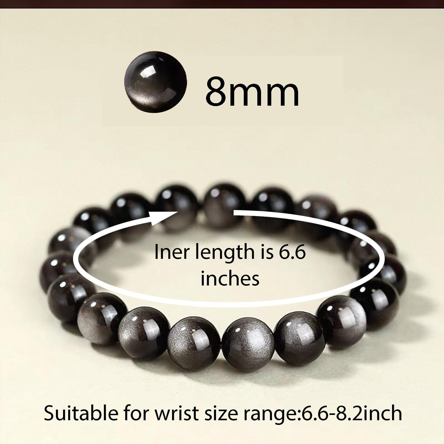 Cryhand Female 8mm Beaded Bracelets For Women Simulated Slivery Black Obsidian Bracelet for Men Handmade Lucky Money Stretchy Crystal Bracelets Best Gifts