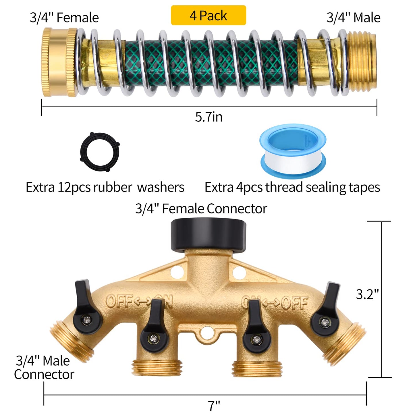 4 Way Hose Splitter with 4Pcs Garden Hose Extension Adapter, Brass Garden Hose Splitter Set, Hose Spigot Adapter with 4 Valves and 12 Rubber Washers & 4 Tapes