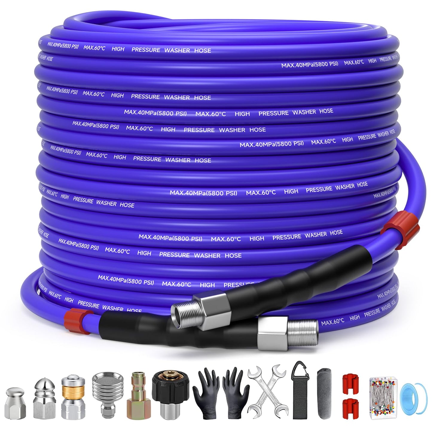 TUTULUCK 100FT Sewer Jetter Kit for Pressure Washer 1/4"NPT Drain Cleaner Hose 5800PSI Corner Rotating and Button Hose Sewer Jetting Nozzle Pearl Corsage Pin Tape Handle Strap Spanner