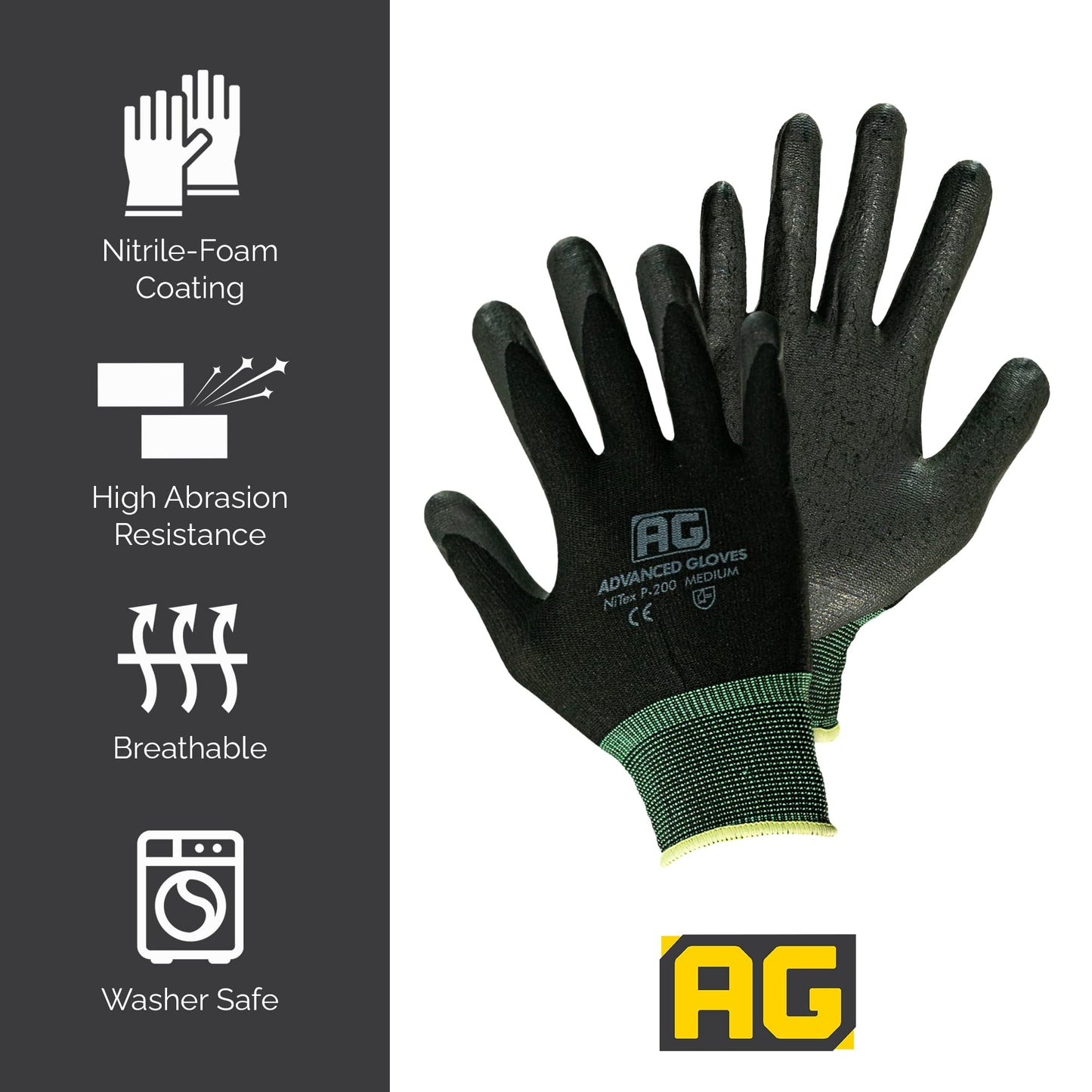 ADVANCED GLOVES – NiTex P-200 Nylon Nitrile Gloves, Breathable Nitrile Foam Coated Utility Gloves for Insulated Grip, Black, 6-Pair, Large