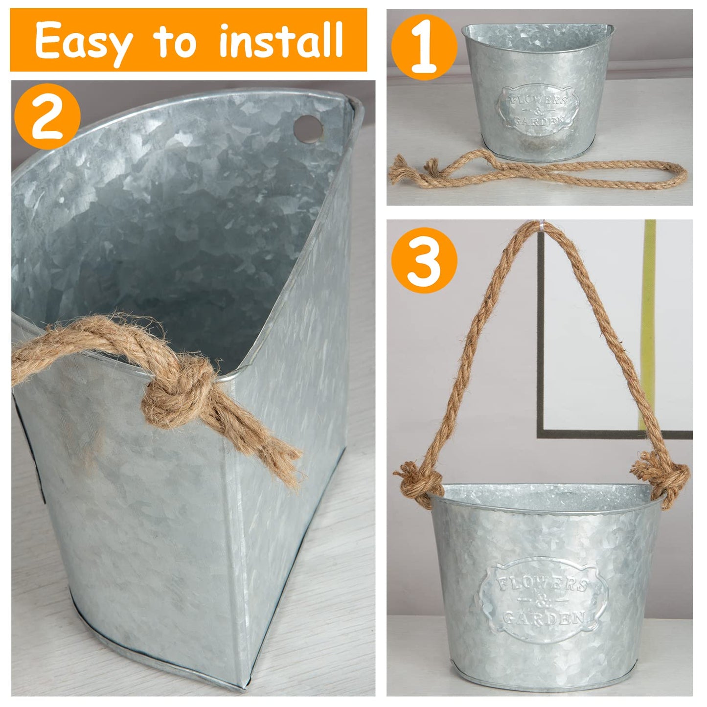 XONOR 4Pcs Galvanized Metal Hanging Wall Planter, Rustic Wall Flower Vase for Succulents Herbs Country Home Farmhouse Wall Decoration (1)
