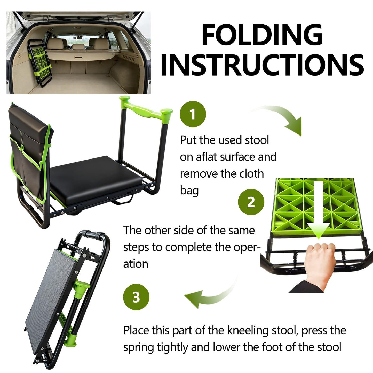 Garden Kneeler and Seat, Heavy Duty Gardening Stool with 1.8" Thick Detachable Kneeling Pad, Foldable Bench Chair with 2 Tool Pouches for Knee & Back Pain Relief for Women, Men, Seniors (Green)