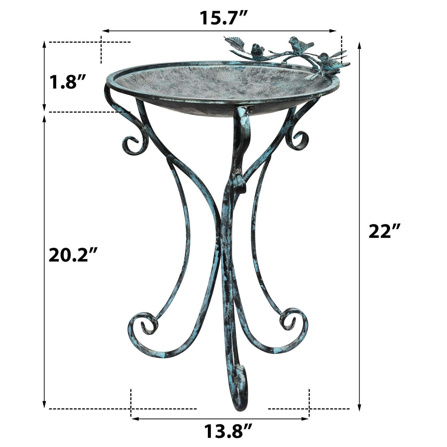 Solution4Patio 16.7" Metal Bird Bath with Perch - Rust-Resistant Outdoor Garden Decor, Shallow Wide Bowl & Foldable Stand for Birds/Plants