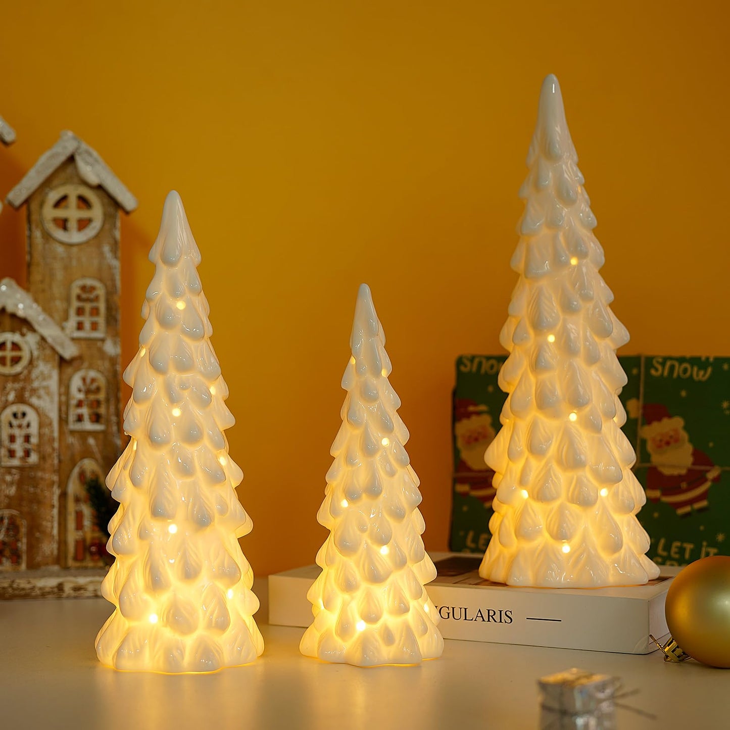 Luxstyra 3 Pcs White Ceramic Christmas Trees with Lights, Table Top Christmas Decor, Porcelain Tree Figurine with Timer, Small Ceramic Christmas Trees Set, White Tabletop Christmas Tree for Mantel