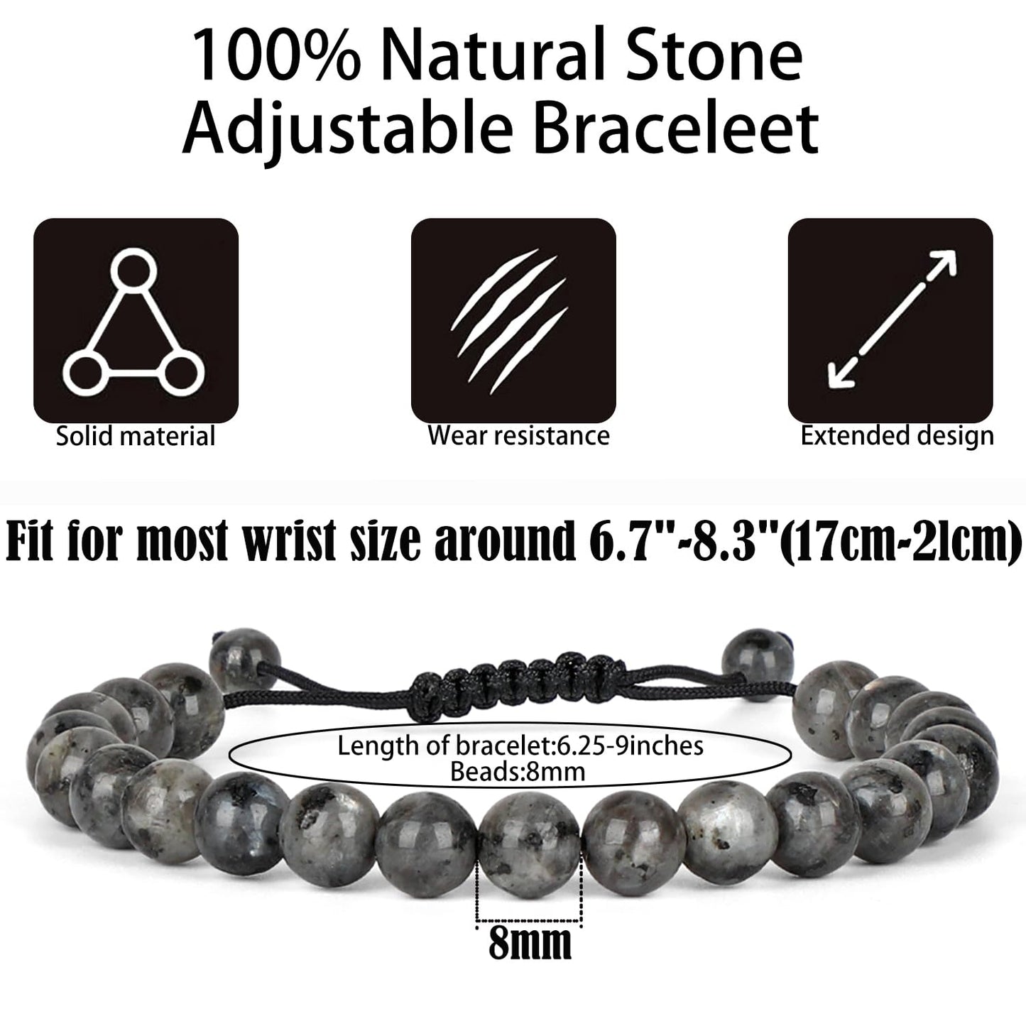QOGIR Handmade Healing Bracelet,8mm Natural Black Larvikite Gem Stone Beads Bracelet,for Men Women Gifts with 2PCS Size Adjustable Rope Bracelets
