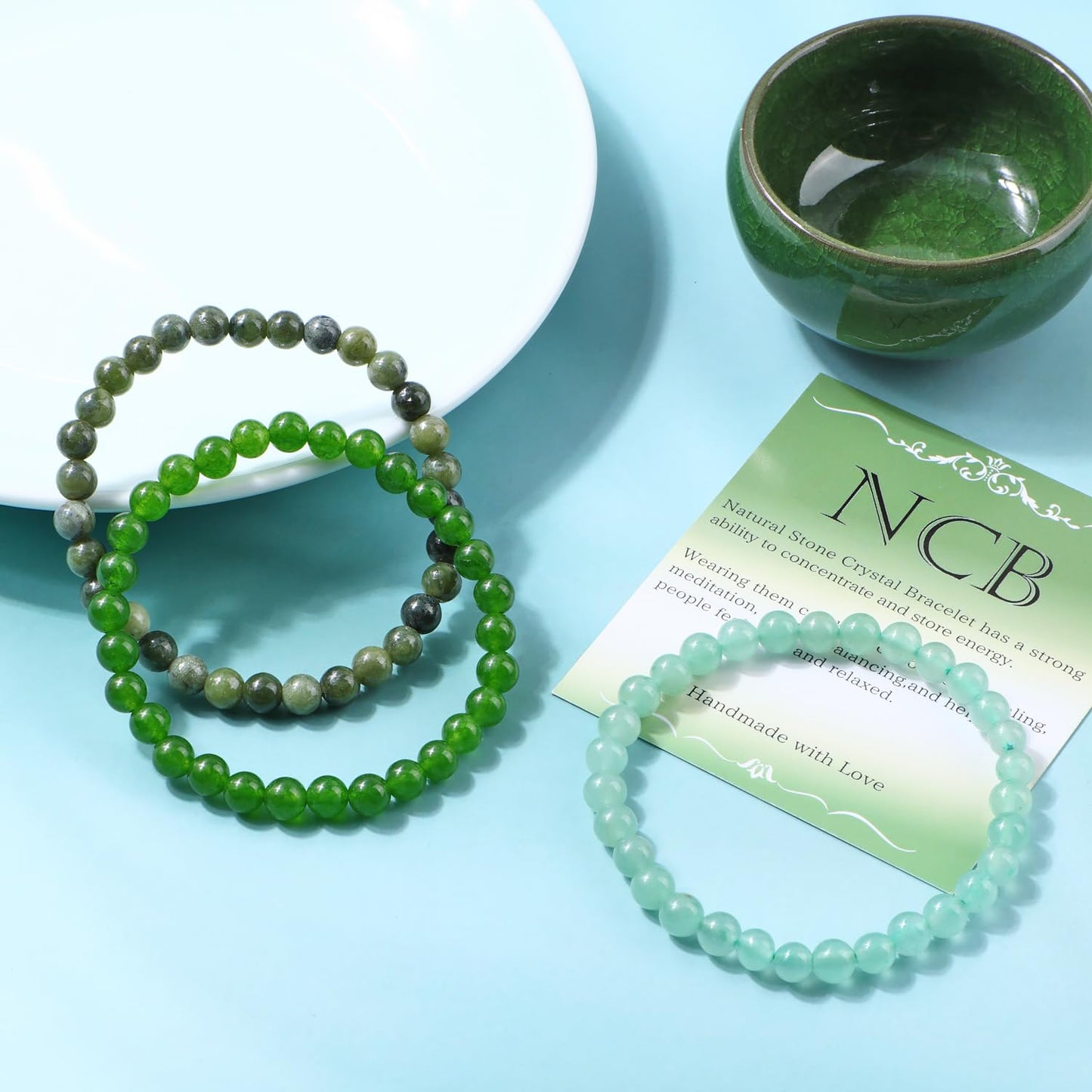 NCB 3-Piece 6mm Natural Crystal Gemstone Stretch Bracelets – ﻿Green Jade, Green Aventurine, Taiwan Jade Handmade Reiki Energy Healing Jewelry for Meditation,Yoga, Unisex