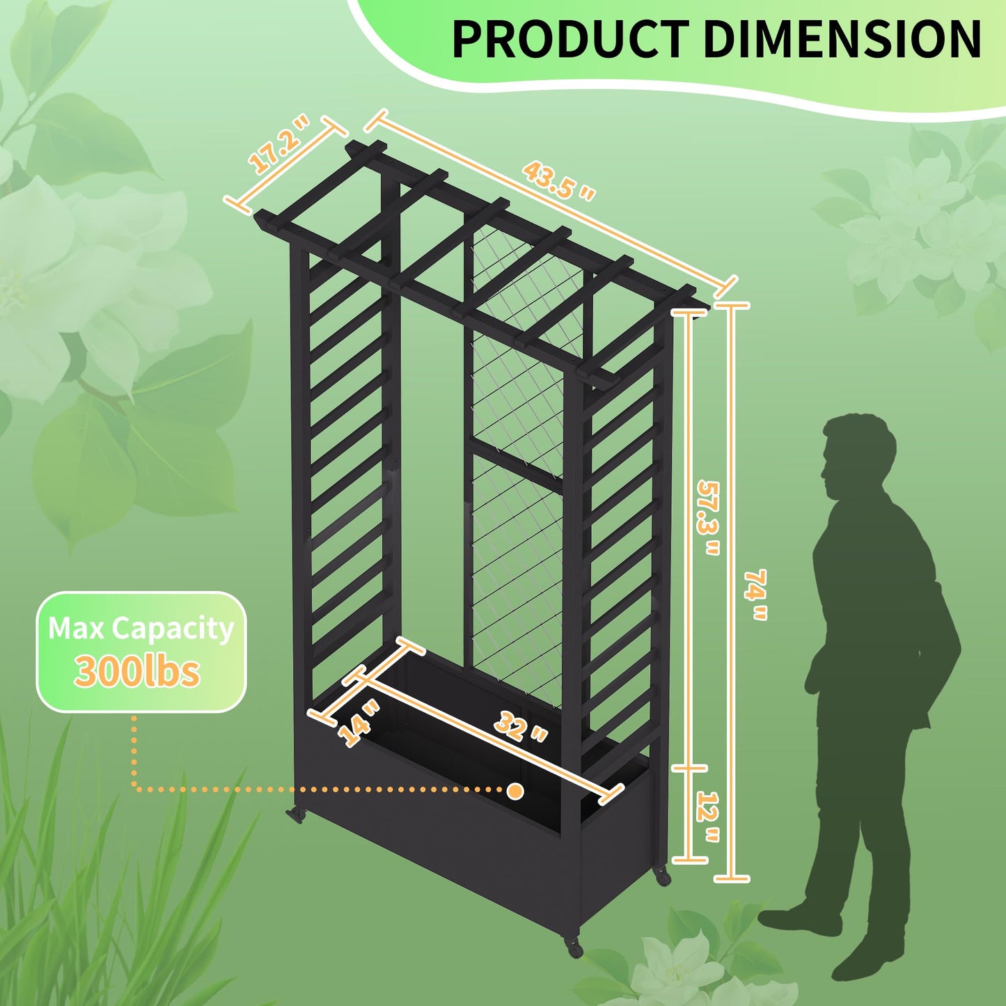 Sunnibety Raised Garden Bed with Trellis & Hanging Roof, Weatherproof Metal Planter Box with Wheels, Garden Arch Trellis for Outdoor Climbing Plants Vines Flowers, 74" H x 44" L x 17" W, Black