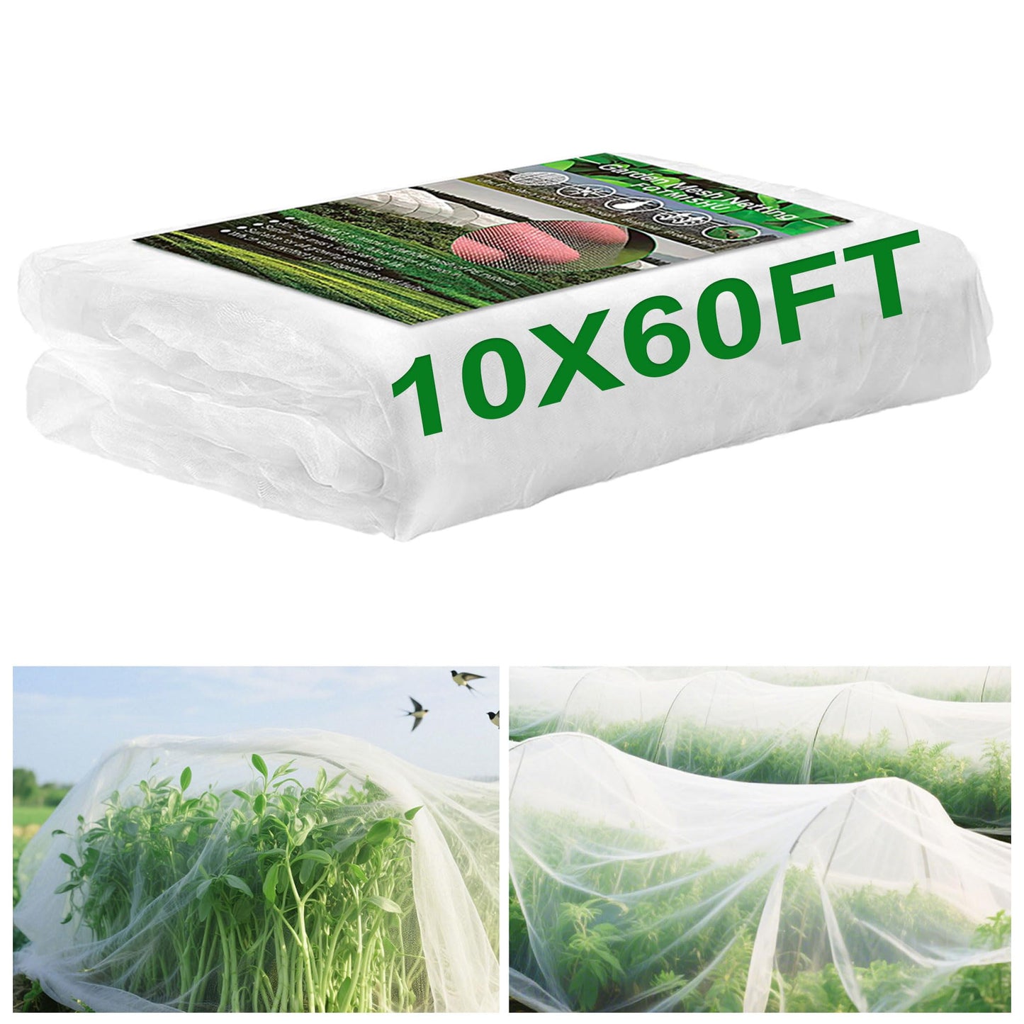 FOTMISHU Garden Netting 10x60FT Ultra Fine Mesh Netting Bird Barrier Protection Vegetable Fruit Tree Bushes Plant Cover for Raised Bed