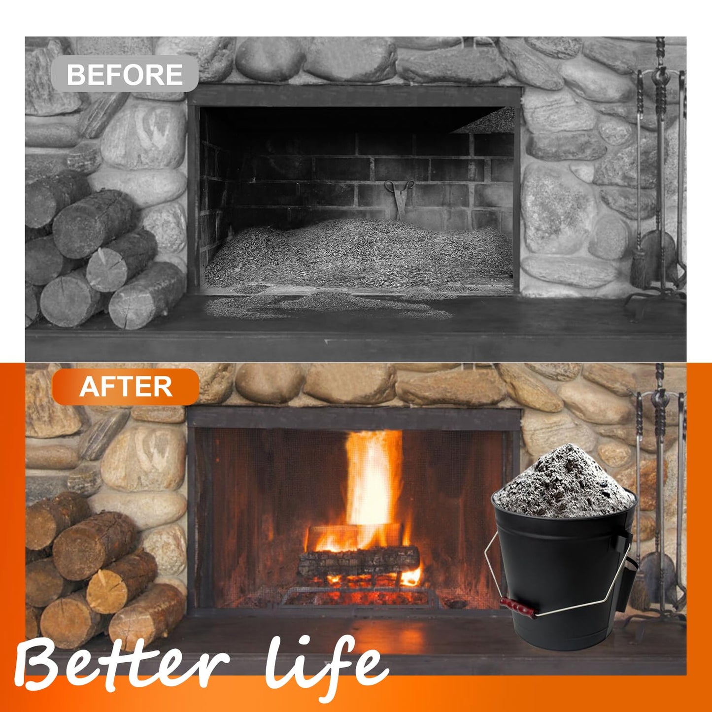 KEFIY 5.2 Gallon Ash Bucket with Lid and Shovel, Metal Fireplace Ash Bucket with Broom, Complete Fireplace Tools Set for Wood Stove and Fireplace
