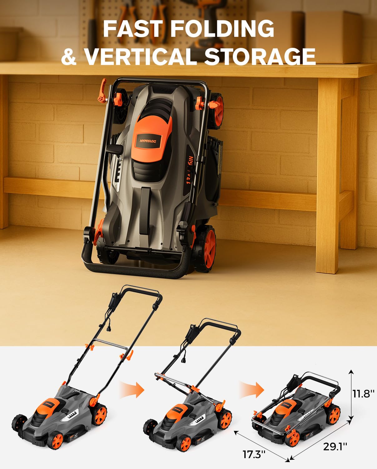 DOVAMAN 13Amp LA16M Lawn Mower, 16" Blade, 5-Position Height Adjustment, 3-Step Quick Vertical Fold Storage, 2-in-1 Mulching & Bagging, 98% Collection, Corded Lawn Mower for Your Garden