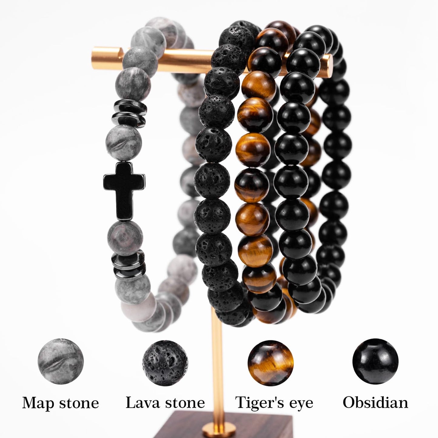 Crystery Men Beaded Bracelets, 8mm Natural Stone Bracelet, Healing Crystal, Jewelry Gifts for men, Triple Protection, Map Stone, Tiger Eye, Black Obsidian Beads Bracelets, Lava Rock, Pack of 4