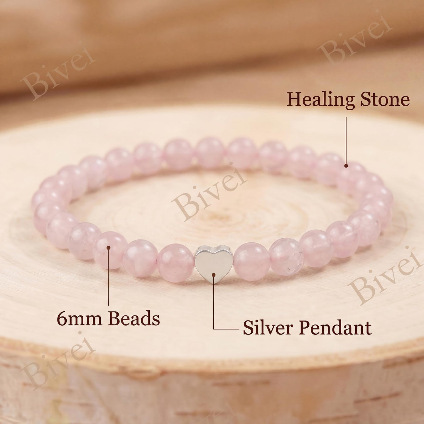 Bivei 6mm Rose Quartz Crystal Stretch Bracelets for Women, Handmade Natural Stone Beaded Bracelet, Yoga Protection Jewelry Gift