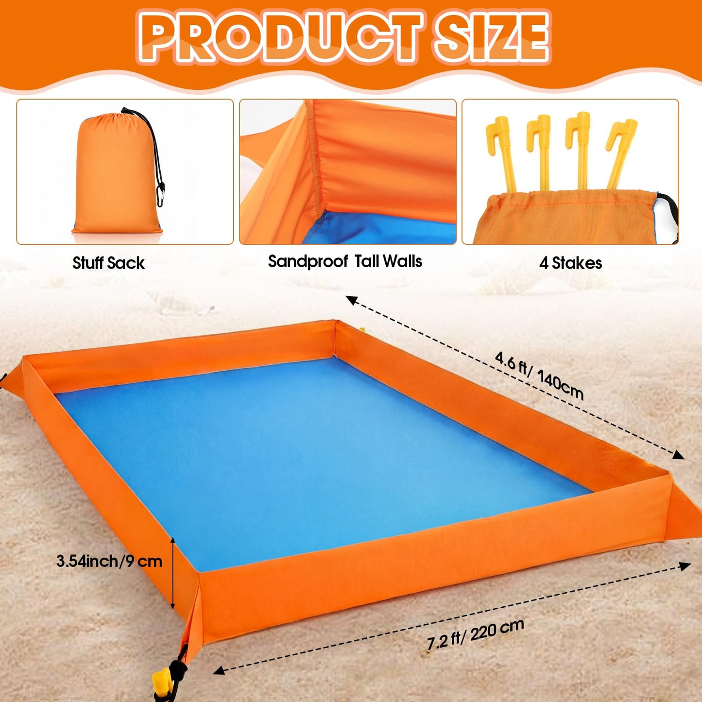 Qunclay Oversize Large Sandproof Beach Blanket 7.2 x 4.6 ft Outdoor Playpen Mat with 3.5" Tall Walls Waterproof Sand Free Picnic Sheet with Stakes & Storage Bag for Family, Beach Camping Essentials