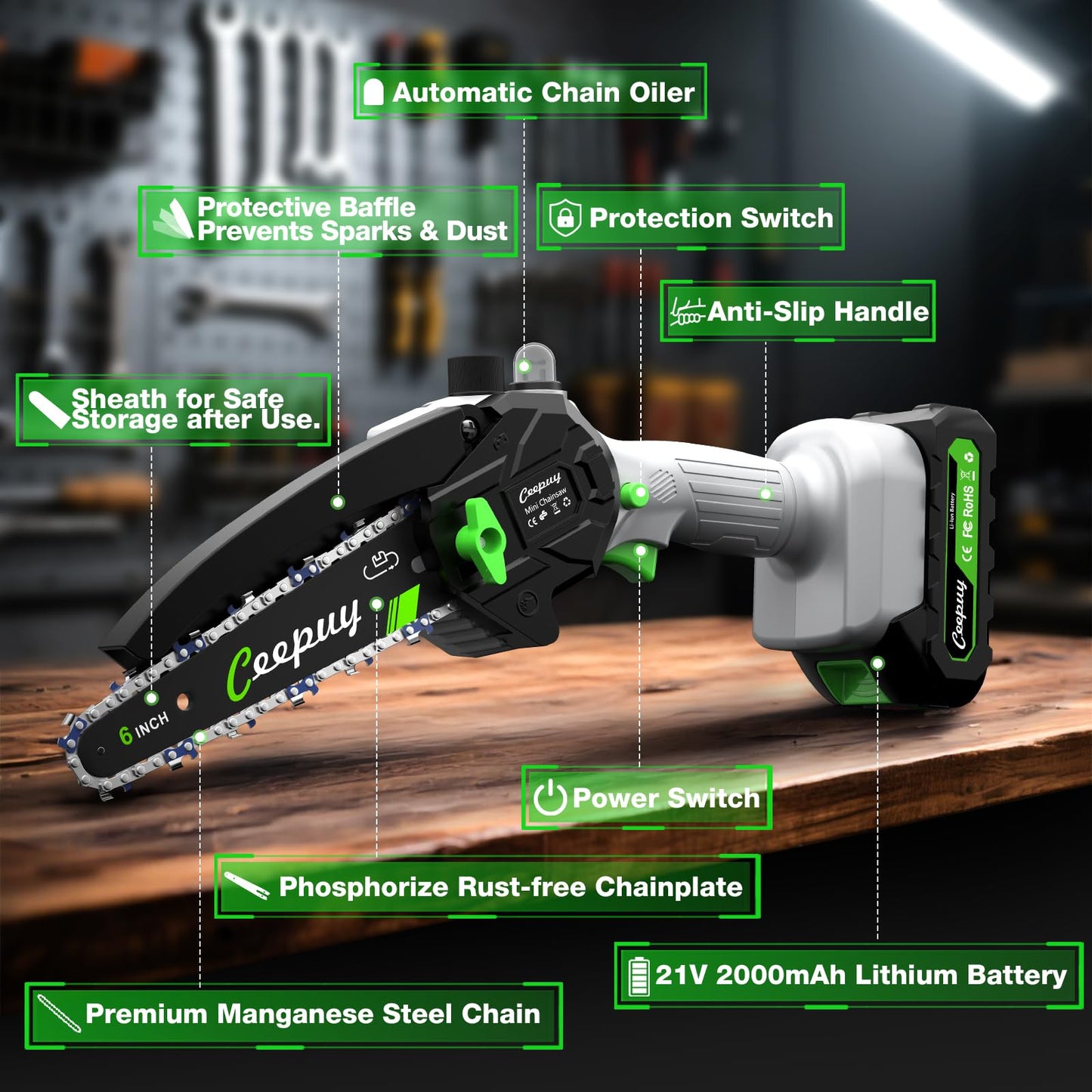 CEEPUY Mini Chainsaw Cordless,6 Inch Portable Electric Chainsaw with Automatic Oiler/Security Lock/Battery Powered Small Handheld Saw for Trees Branches Trimming,Wood Cutting, Gifts for Men Women