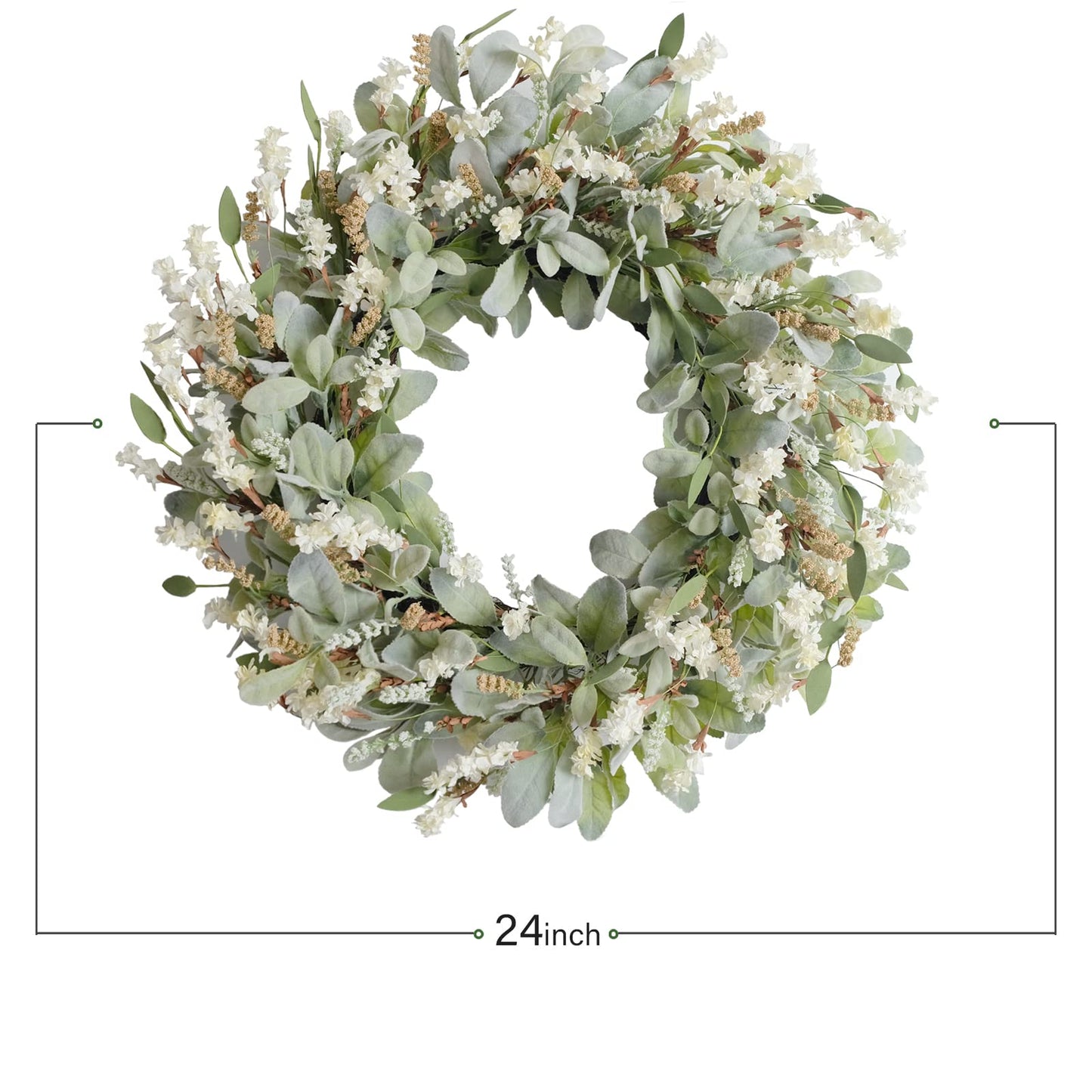 24 Inch Summer Spring Ivory Flowers Wreath for Front Door, Everyday Lamb Ears Leaves Wreath with White Artificial Flower for Indoor and Outdoor, Rustic and Farmhouse Greenery Flower