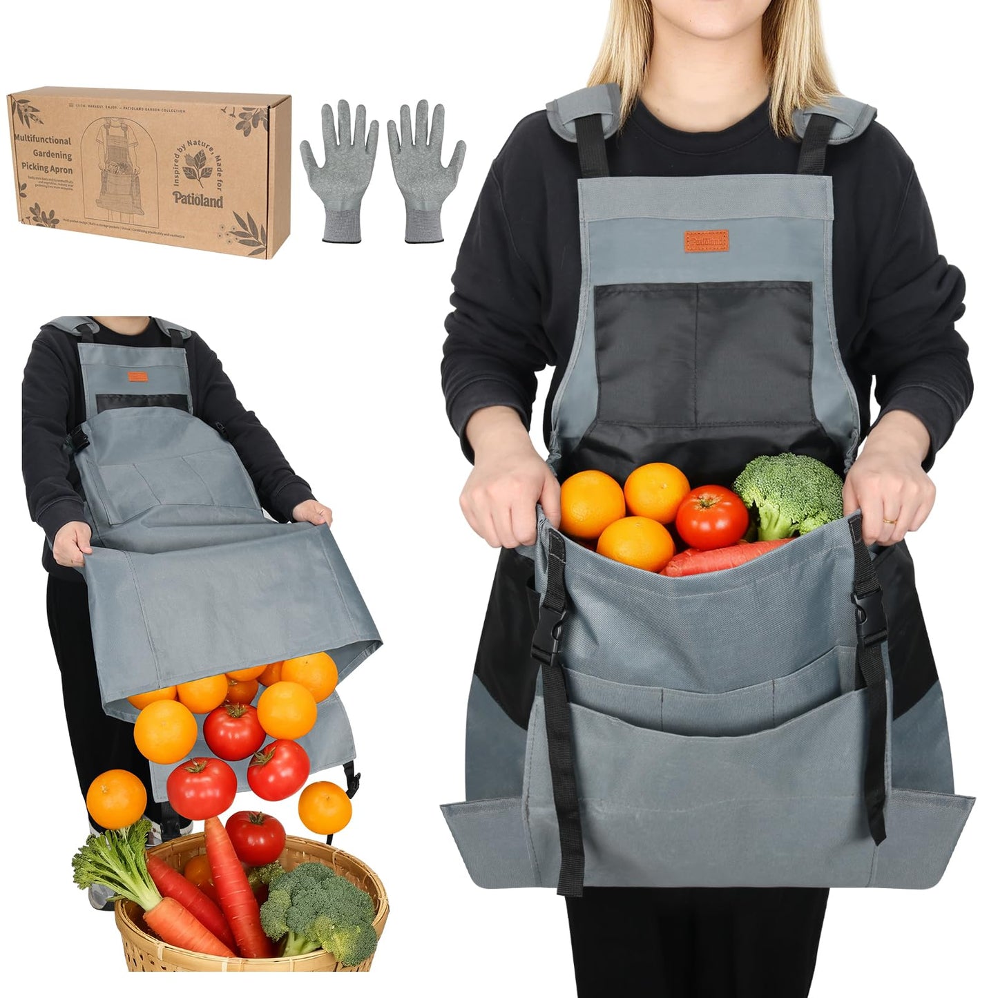 Garden Harvest Apron, Patioland Gray Adjustable Fruit Picking Apron w/Bottom Release Pocket,Gardening Apron with Gloves for Women & Men, Fruit Picking and Foraging Apron for Gardeners, Gardening Gifts
