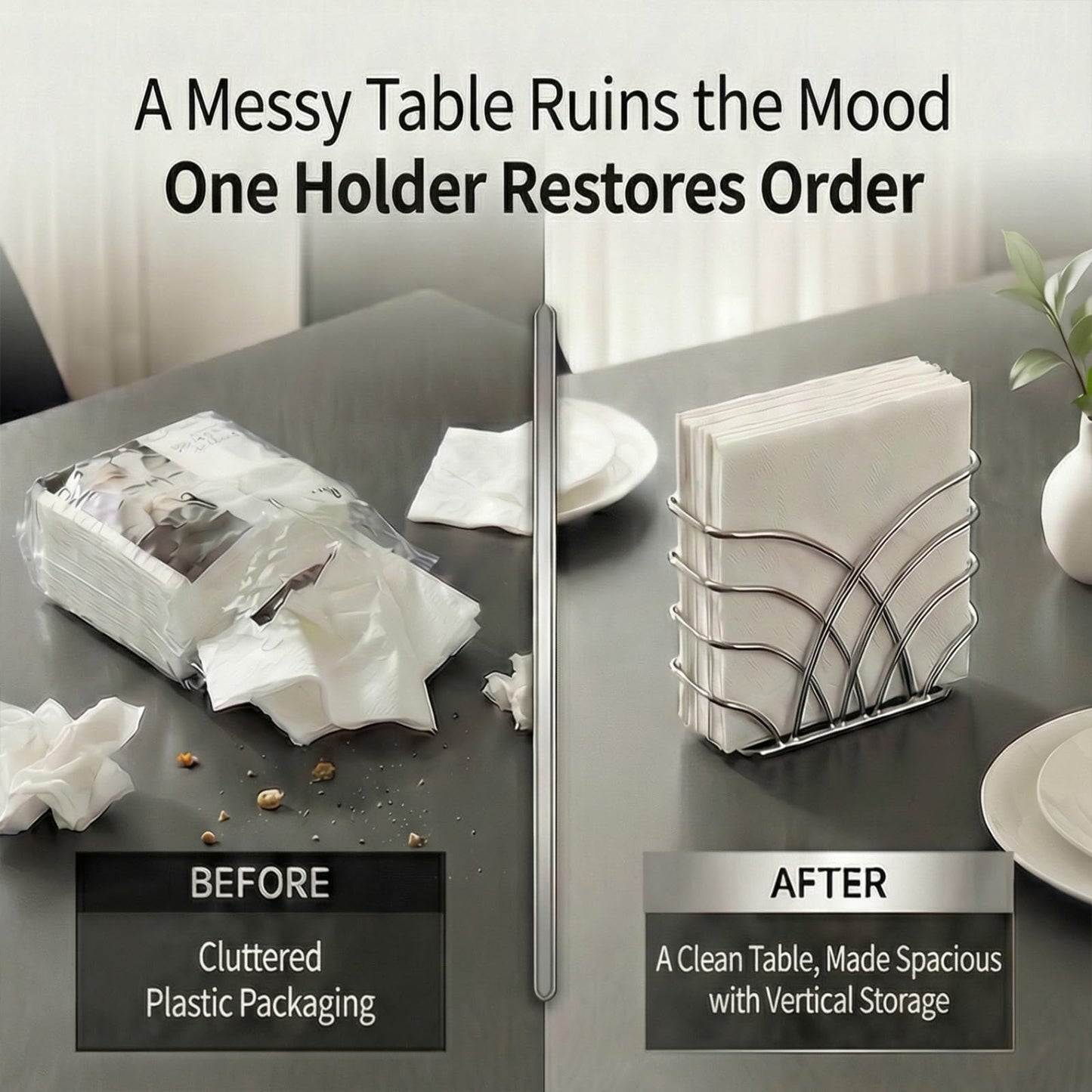 LEVIMETREE Napkin Holder for Table – Silver Iron Upright Napkin Dispenser for Paper Napkins, Napkin Dispenser for Kitchen Dining, Cocktail Picnic Bar Modern Kitchen and Dining Decor, Servilletero