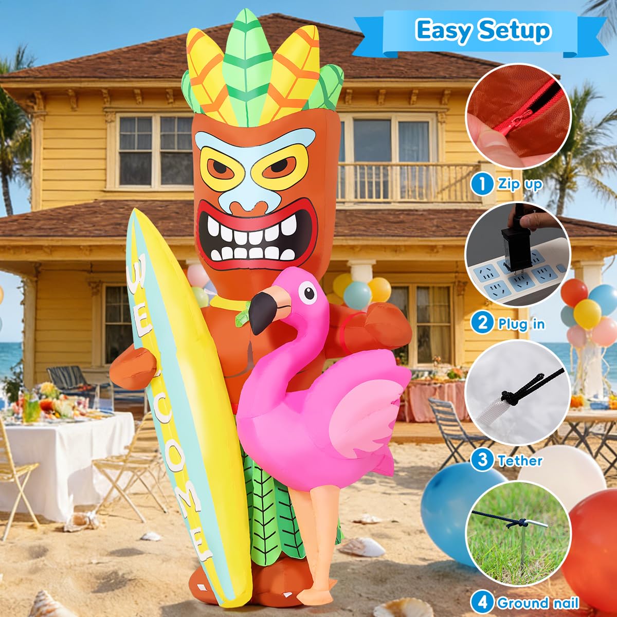 GOOSH 6 FT Summer Inflatables Tiki Luau Decorations Blow Up Yard with Flamingo and Surfboard Built-in LEDs for Hawaiian Party Beach Surfing Yard