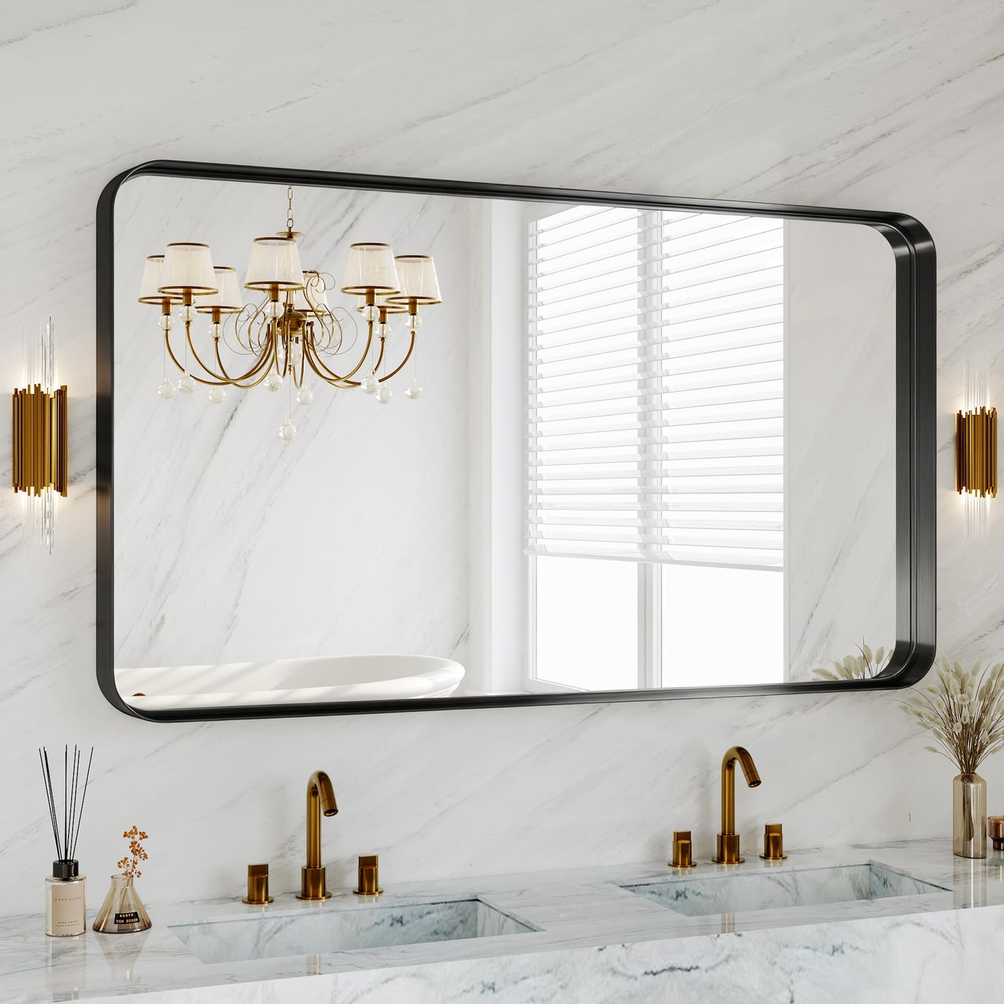 Black Metal Vanity Rounded Rectangle Bathroom Mirrors for Over Sink Wall, 55x30 Inch Large Matte Mirror, Anti-Rust, Modern Decorative for Restroom, Farmhouse