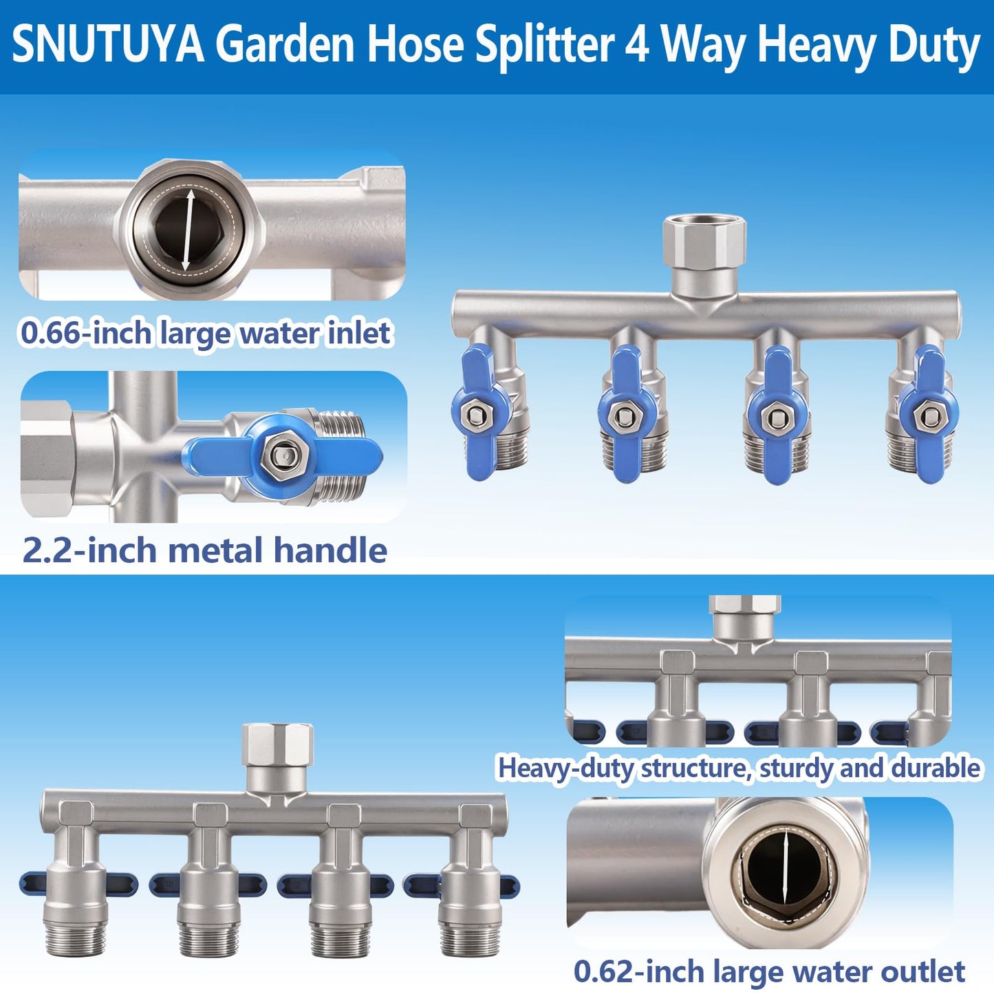 304 Stainless Steel Garden Hose Splitter 4 Way Heavy Duty, Full Flow T Valve Water Hose Splitter With 2.1" Extra Long Handle, Lead-free，3/4" GHT Thread Connector For Outdoor Spigot Faucet