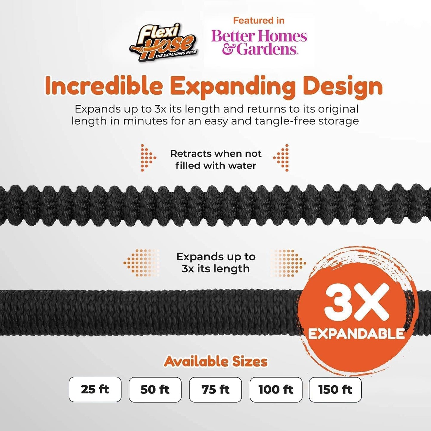 Flexi Hose Plus Expandable Garden Hose with 8 Function Nozzle, 75FT - Lightweight Retractable Garden Hose, Water Hose - No-Kink Flexibility, 3/4 Inch Solid Brass Fittings Includes Hook & Bag