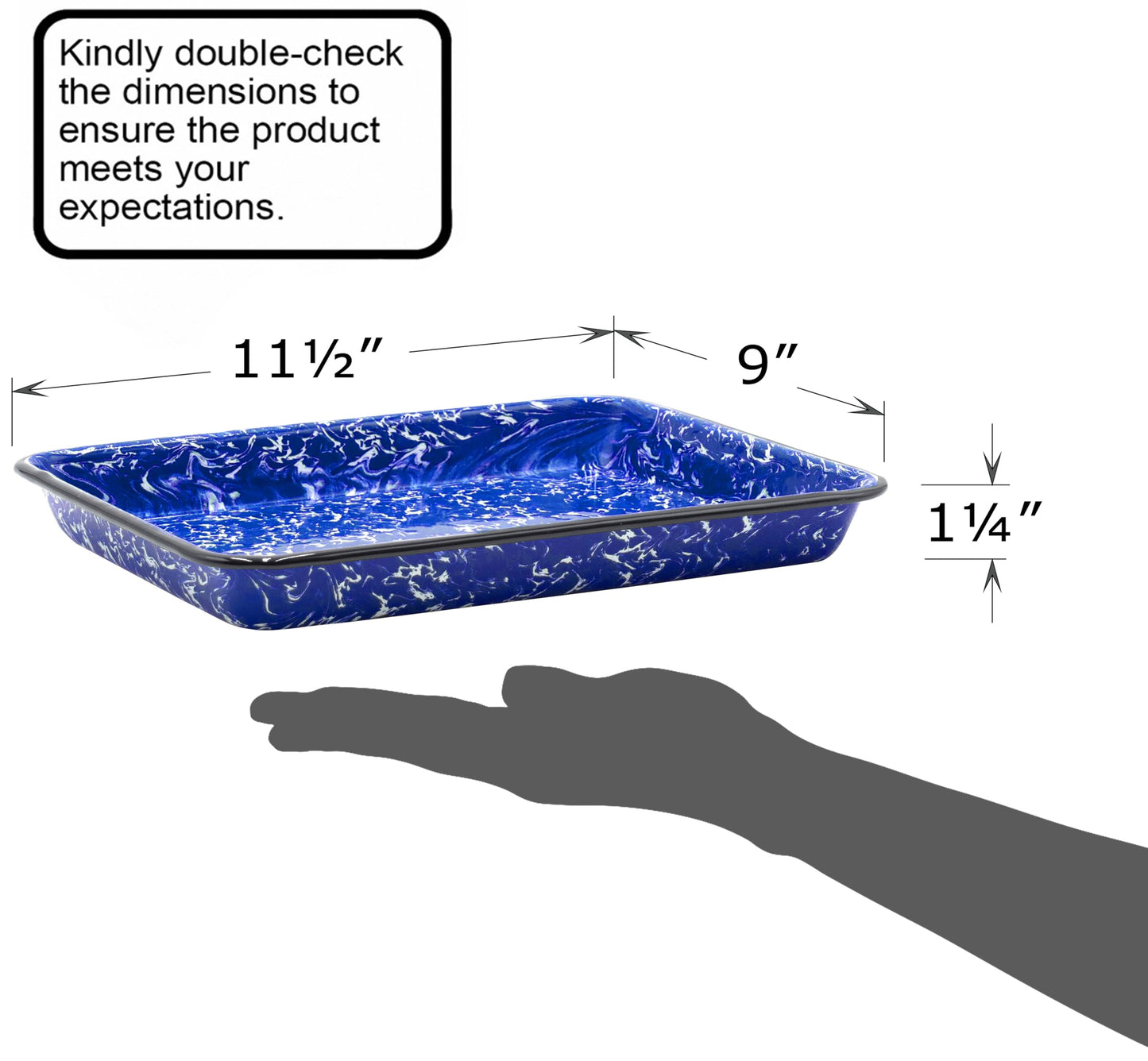 Red Co. 11" x 9" Enamelware Metal Classic 2 Quart Rectangular Serving Tray, Navy Blue Marble/Black Rim - Splatter Design