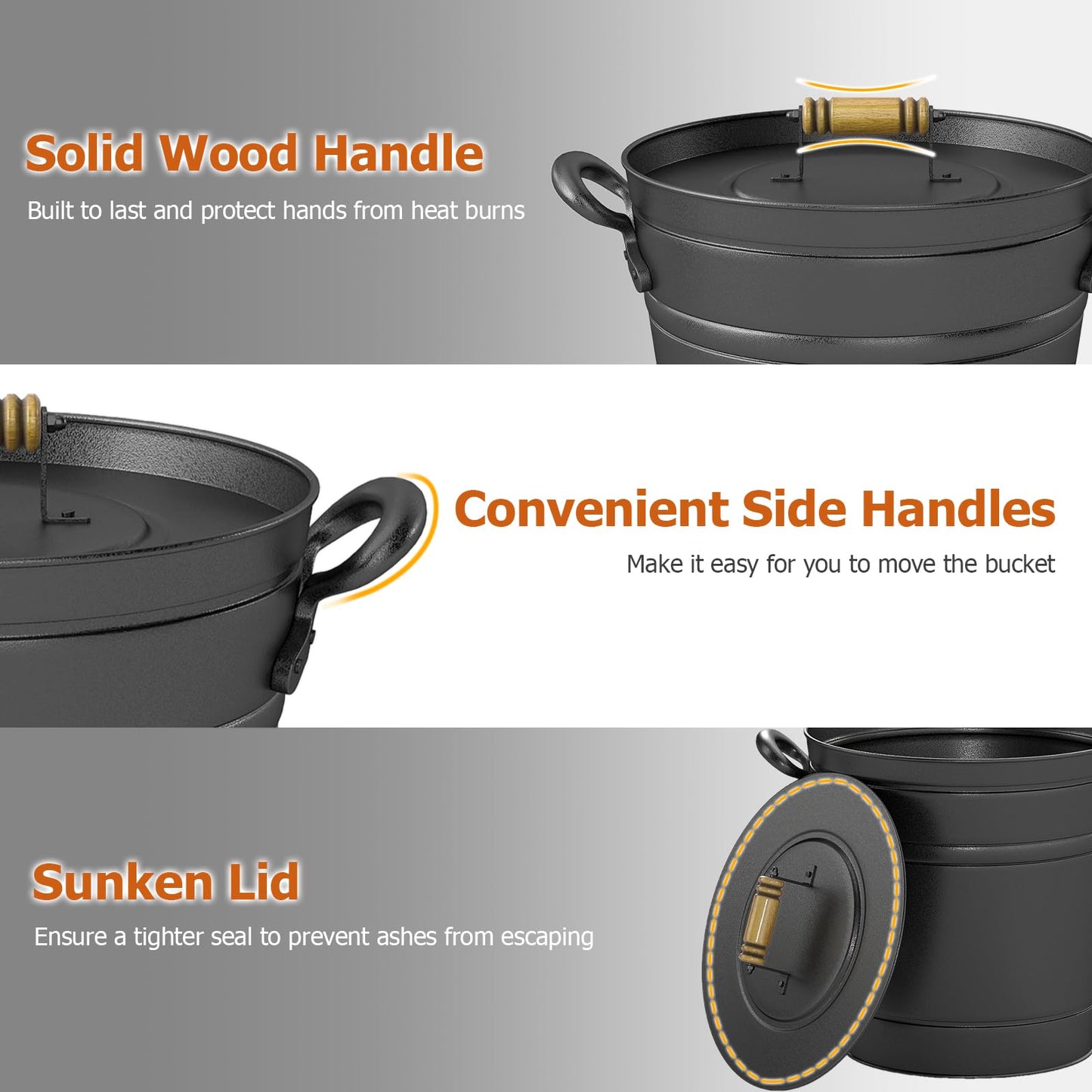 COSTWAY Ash Bucket with Lid Set of 2, 2.9 Gallon Metal Coal Ash Can w/Wooden Lid, Side Grips, Indoor & Outdoor Fireplace Ash Tool Cleaning Bucket for Fireplace Fire Pits Wood Burning Stoves, Black