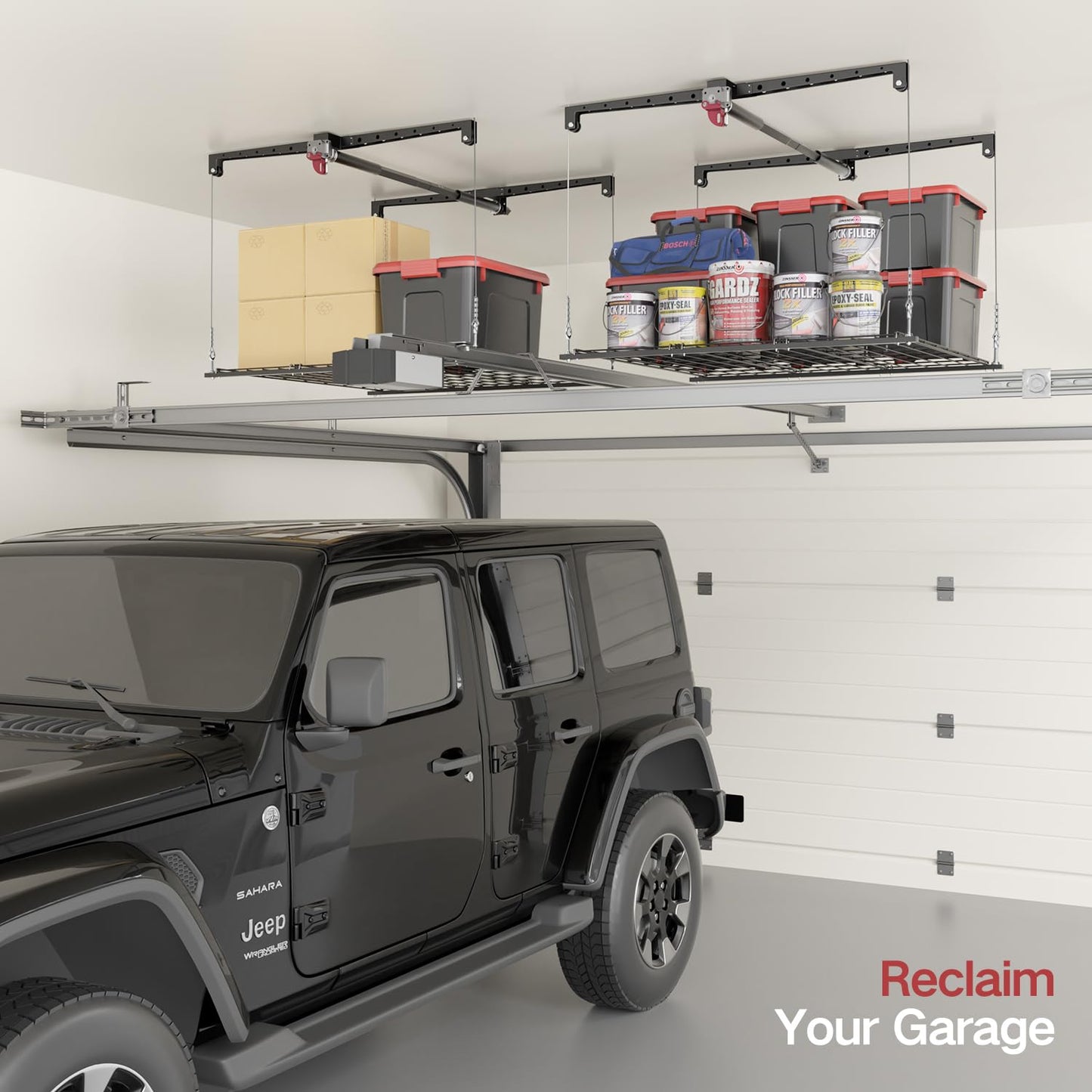 Overhead Garage Storage Rack for 10–12 FT Ceiling, Heavy-duty 4x4 FT Ceiling Storage Racks with Safety Lock, Ideal for Garage Storage Mounted Lift System and Storage Organizer, 250lbs Capacity