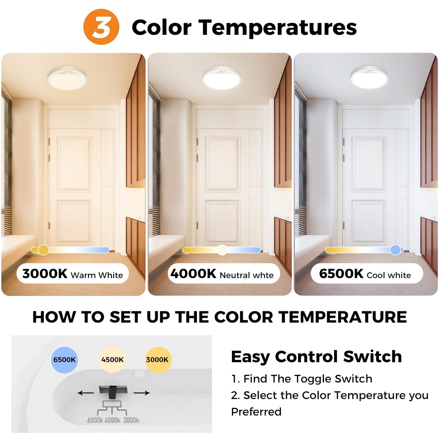 Slochi 2Pack Motion Sensor Ceiling Light Wired, 3000K/4000K/6500K Motion Sensor Light Indoor, 15W 1500LM 7 In Closet Lights Motion Sensored with Timer, Flush Mount Light for Hallway Wall Pantry, White