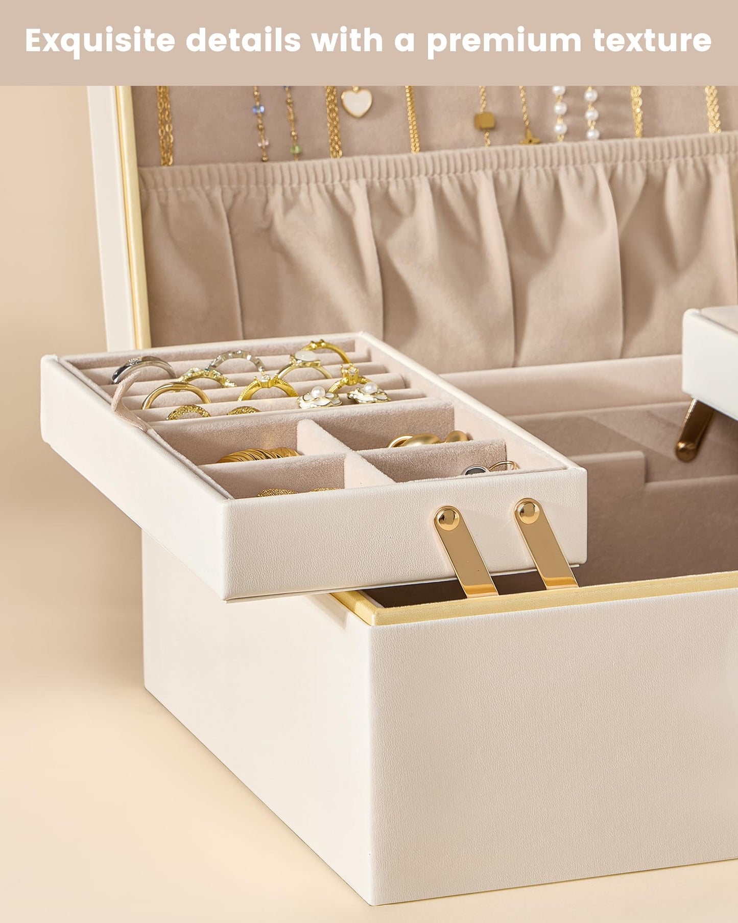 Lolalet Jewelry Box Organizer for Women Girls, 2 Layer Jewelry Organizers and Storage for Necklace Earrings Rings Bracelets, Large Jewellery Holder Case Birthday Valentine Gifts -Cream