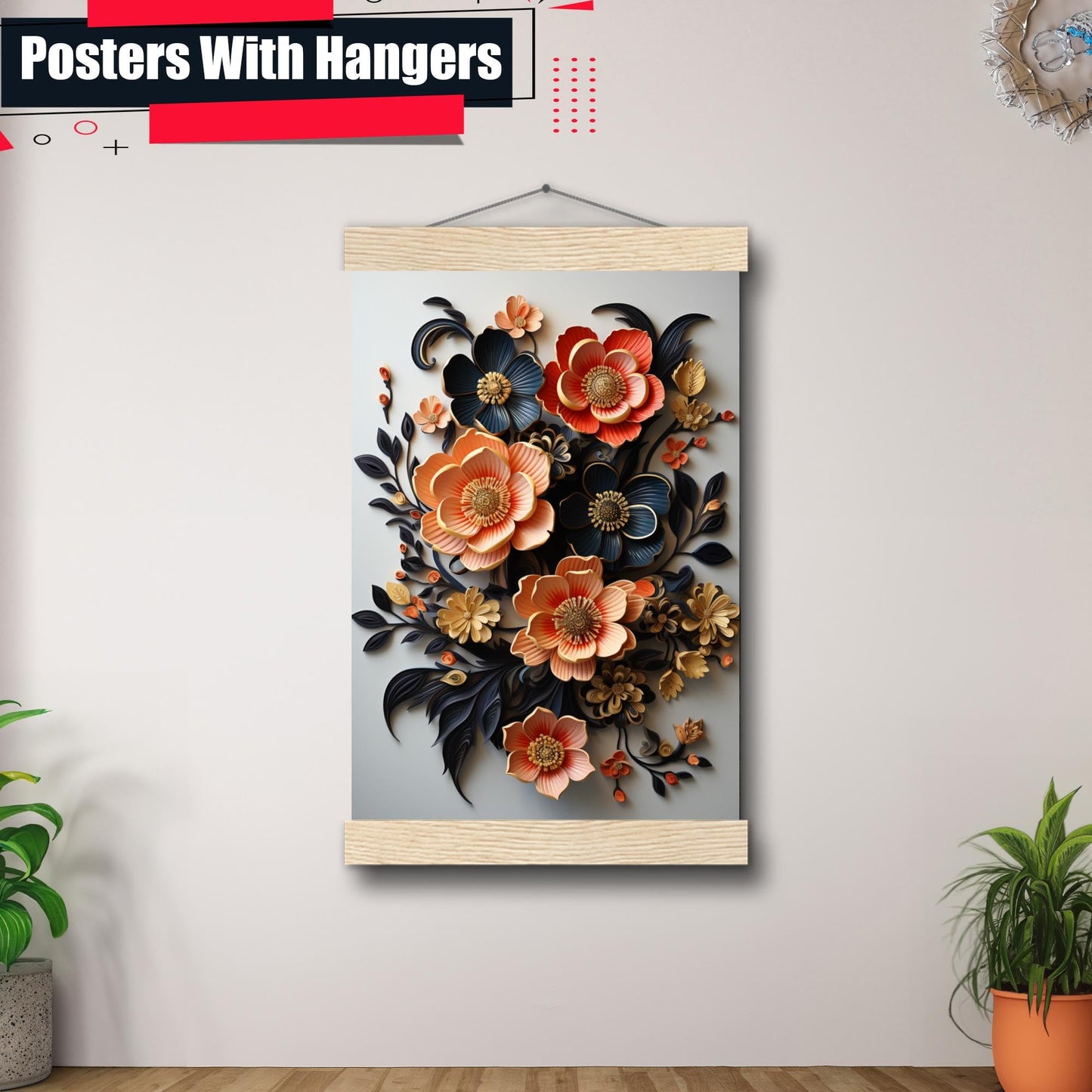 Scandinavian Folk Art, Black and Beige Abstract Botanical Wall Art for Scandinavian Home Decor, Poster, Art Decor
