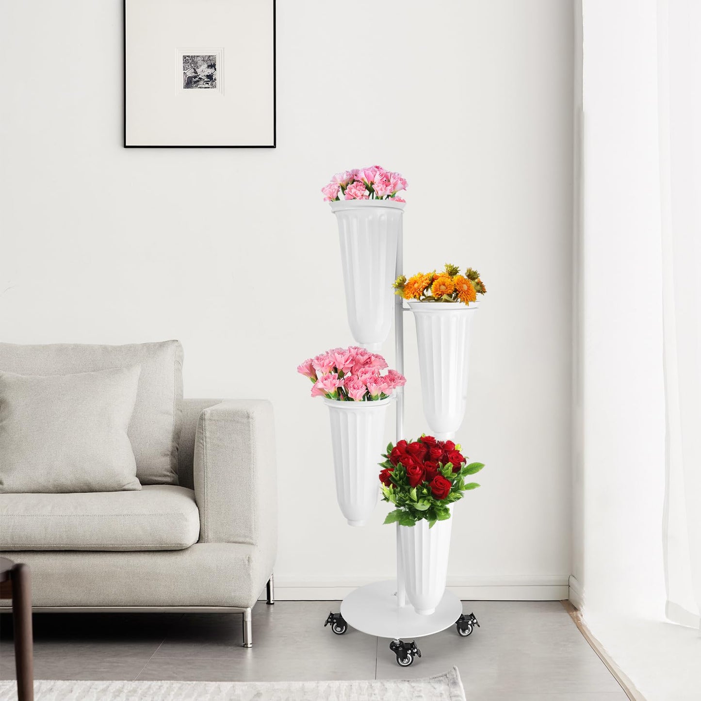 LEALIBAUSS Metal Flower Bar Stand With 4 Buckets Flower Cart Display Stand with Wheels Floral Bar for Wedding,Garden Events Party Decor (WHITE)