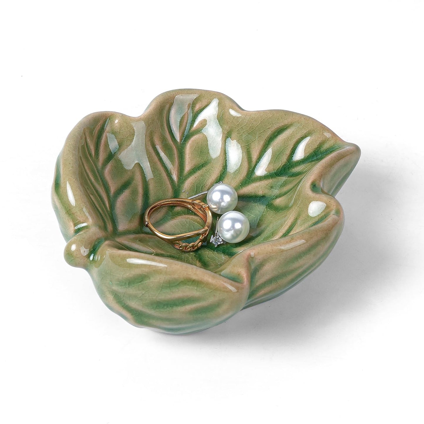 Zaposcca Jewelry Tray, Ceramic Leaves Jewelry Dish, Ring Holder Dish, Small Trinket Tray, Washable Key Bowl(Green)
