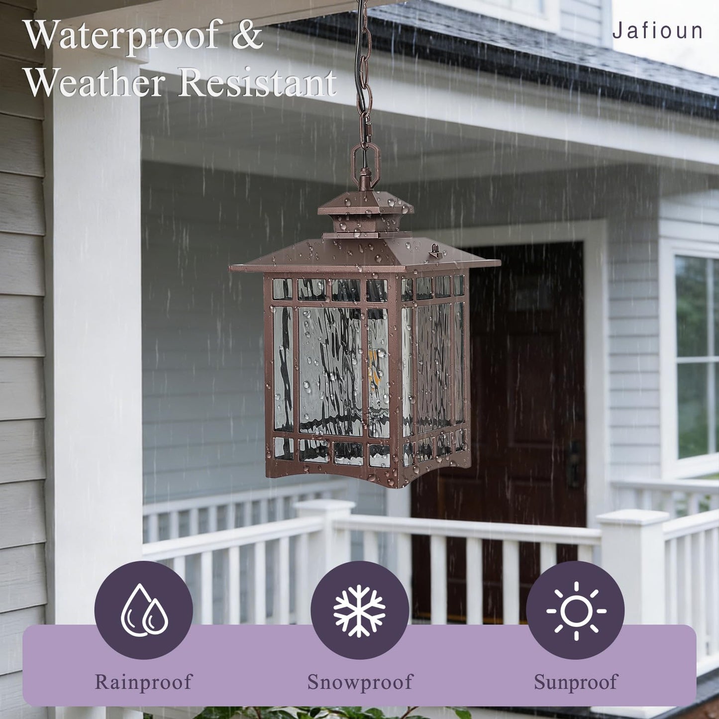 Dusk to Dawn Outdoor Pendant Light, 15 Inch Large Square ORB Oil Rubbed Bronze Exterior Hanging Lantern, Waterproof Anti-Rust Aluminum Outdoor Light with Water Ripple Glass for Porch Patio Entryway
