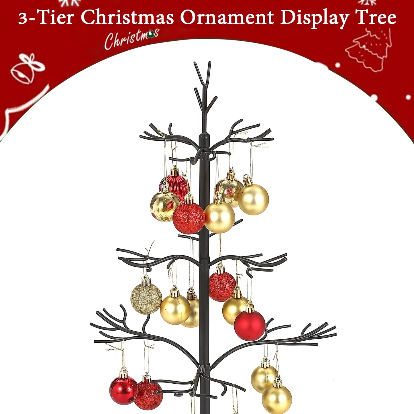 Metal Ornament Display Tree, Black Ornament Tree Display Stand, 22 Inch Christmas Tabletop Ornaments Hangers Stand, 3-Tier Wire Displays Trees for Easter Halloween Christmas Ornaments