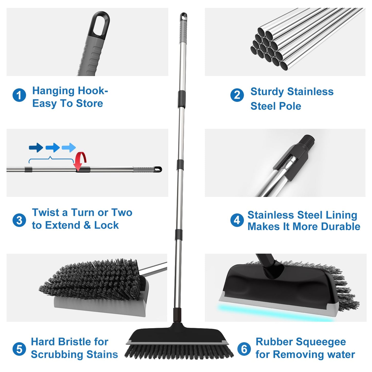ITTAR Floor Scrub Brush with 55" Long Handle, 10" Wide Stiff Bristles Deck Brush, Stainsless Steel Pole Heavy-Duty Cleaning Brush, 2-in-1 Scrubber with Ruber Squeegee for Deck, Patio, Pool, Tile, Wall