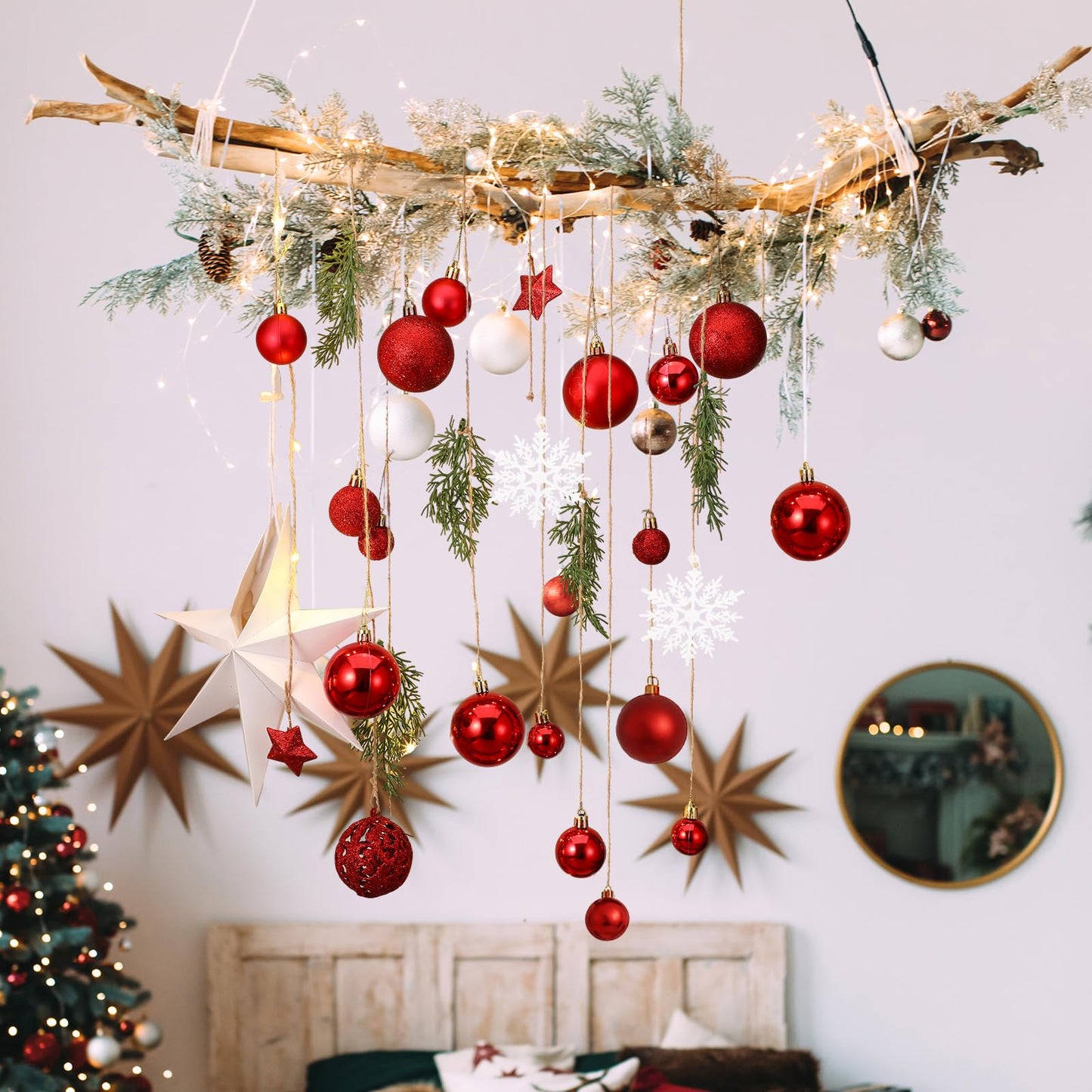 Halloscume Christmas Wall Hanging Decor with Light Wooden Branch Christmas Door Hanging Decorations Xmas Wall Art with Artificial Plants Red Ornament for Winter Holiday Kitchen Dining Room Decor