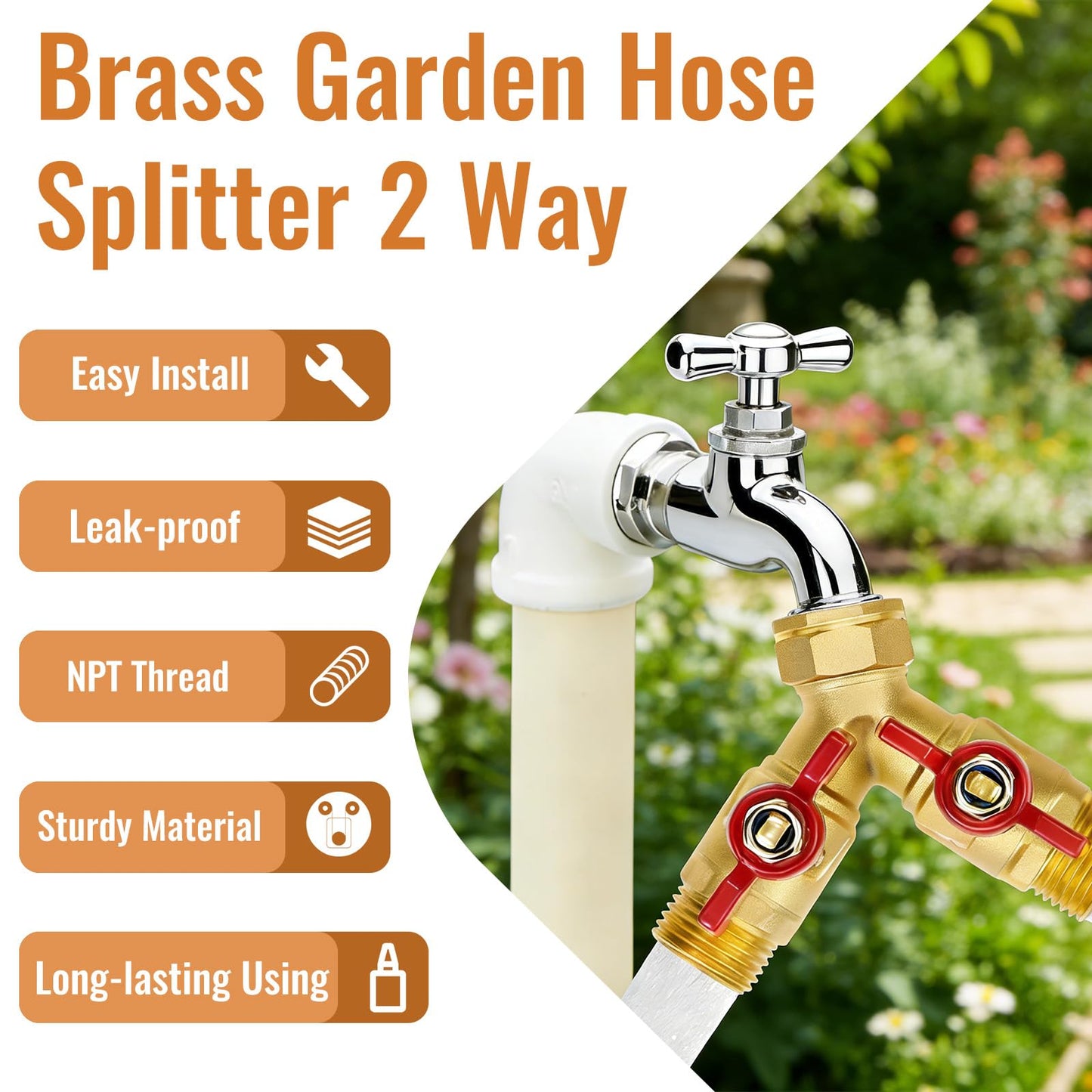 Angry Pony Brass Garden Hose Splitter 2 Way with Shut Off, Heavy Duty 3/4 GHT Hose Y Splitter for Outdoor Faucet, Dual Water Spigot Connector for Garden Watering, Sprinkler and Car-Washing